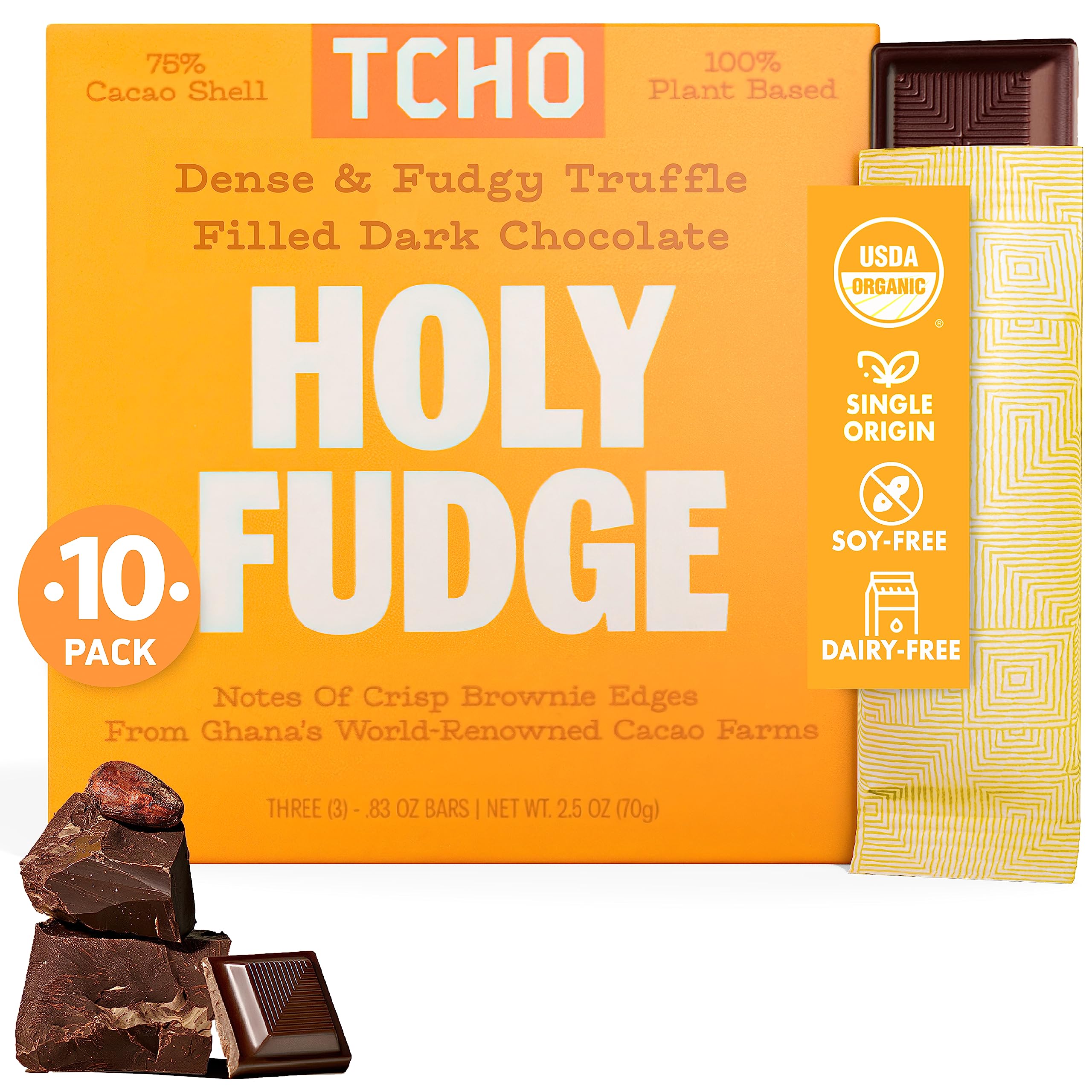 Holy Fudge 76% Dark Chocolate Bars (10 pack) | Single Origin, Plant Based, Organic & Fair Trade, | Non GMO, Non-Dairy, Vegan Chocolate, Soy Free (2.5oz each)