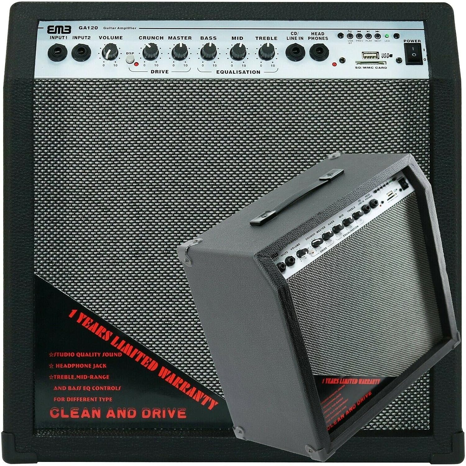 EMB GA120 600W 12" Electric Guitar Amplifier Speaker Portable Powerful Studio and Stage Cabinet PreAMP – with Built in Headphone Jack and 2 Inputs and SD USB AUX Bluetooth (Black) image 2 of 7 B09D8WKC2H