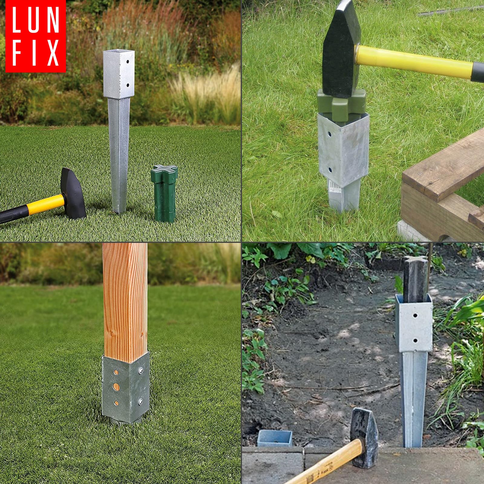 Einschlag-Bodenhülse 100x100mm, SET Aus 4 Stück Für Holzpfosten 4-Kant, Feuerverzinkt 1,8 mm Materialstärke, Für Zäune & Gartenprojekte, Gesamtlänge 750 mm