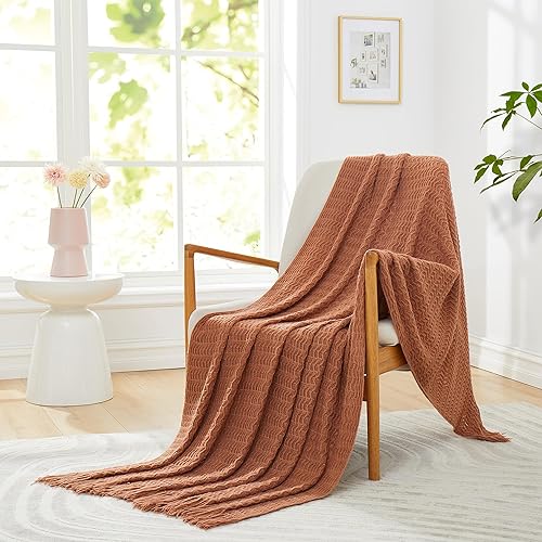 Miniatura 5 de Counfeisly Manta de punto acrílico con motivos de concha marrón, manta de cama suave, ligera y transpirable, para cualquier cama para todas las