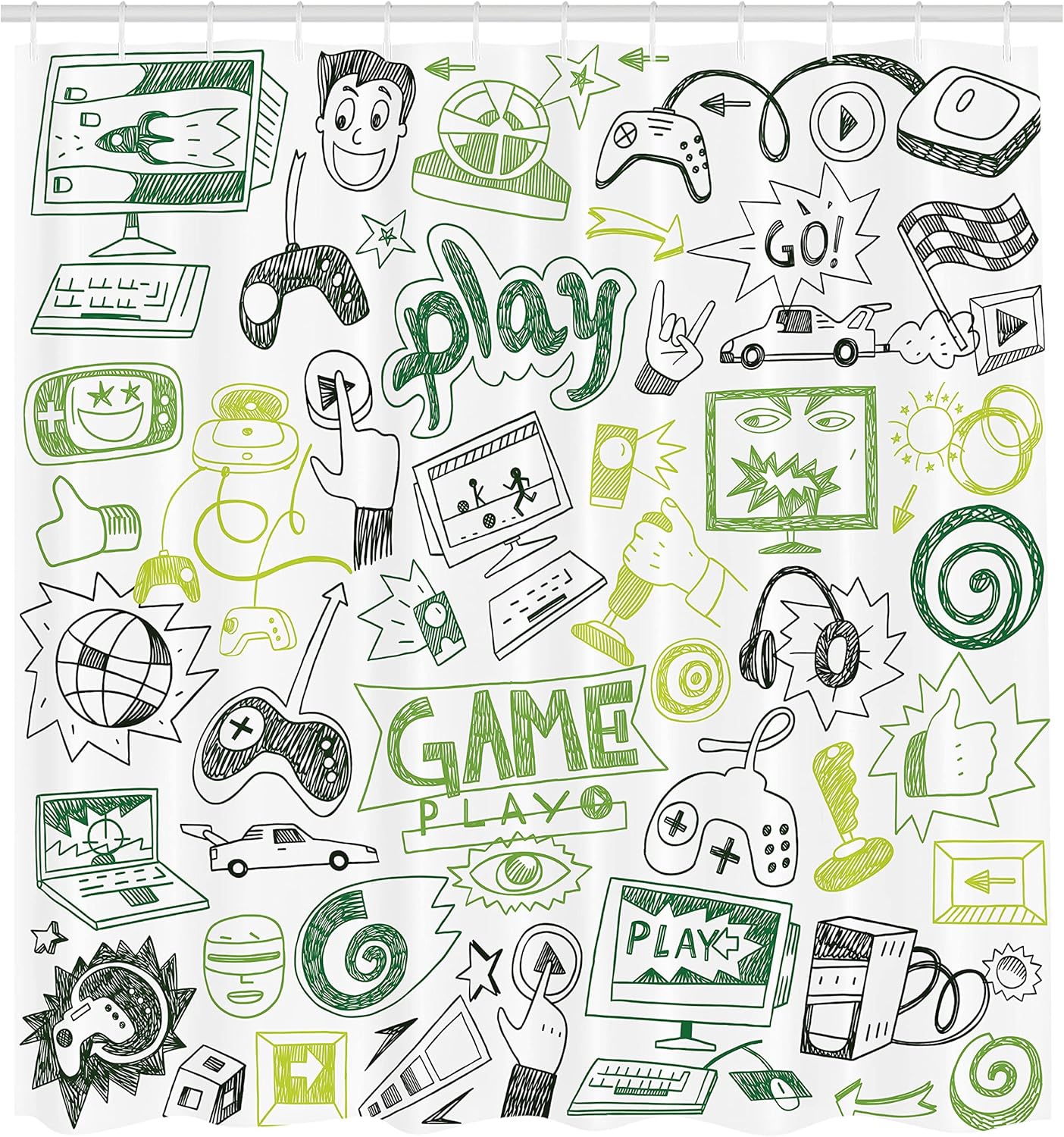 Ambesonne Video Games Shower Curtain, Monochrome Sketch Gaming Design Racing Monitor Device Gadget Teen 90's, Cloth Fabric Bathroom Decor Set with Hooks, 69" W x 84" L, Hunter Green