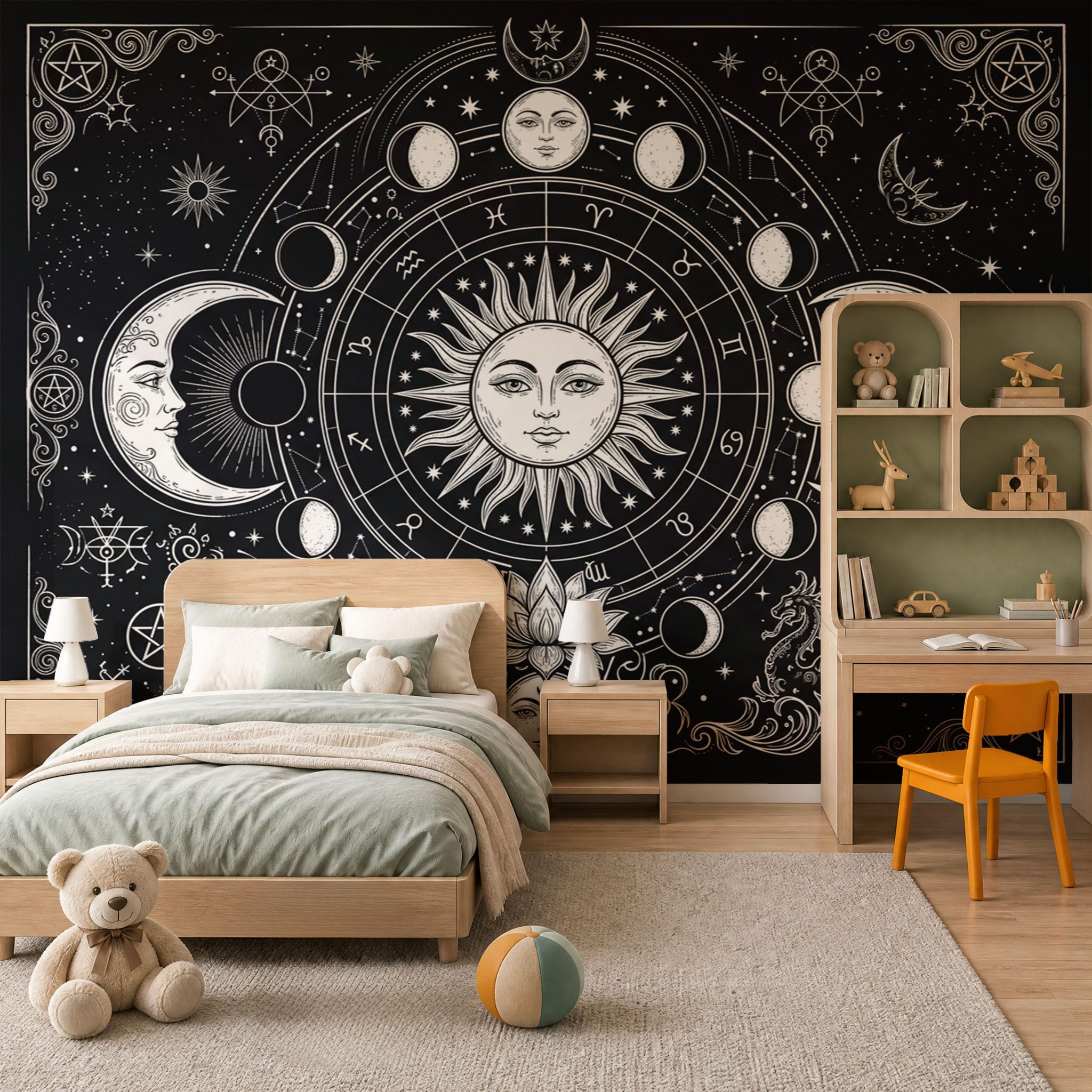 Papier Peint Panoramique Mystère Soleil Lune Portrait 400X280Cm Murale Photo | Paysage De Tarot Bohème Noir Et Blanc Tapisserie Murales Papier Peint Intissé Pour Chambre Salon Fond Tv Muraux