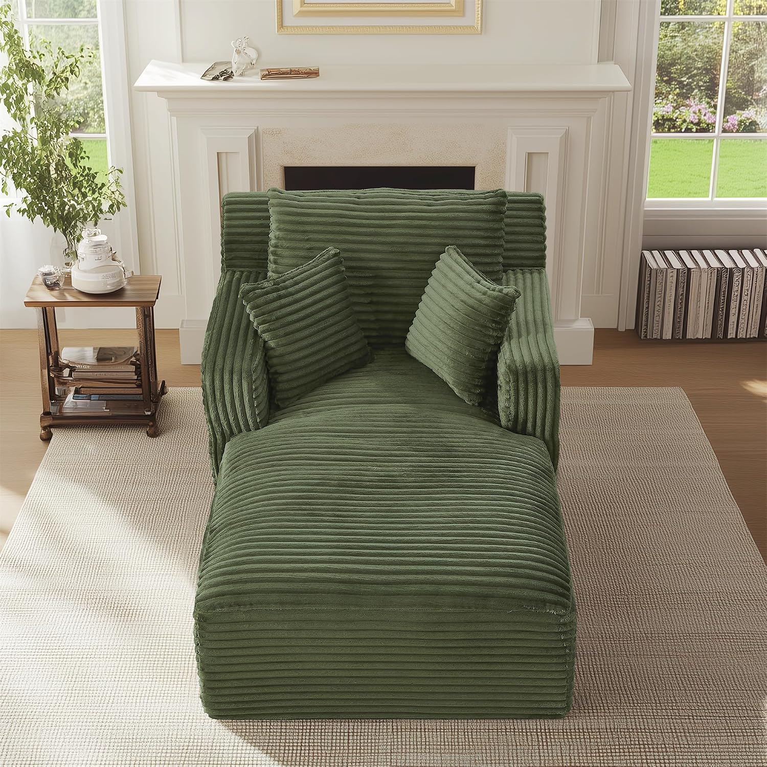 Green Chaise Lounge Chair Indoor, 40" Plush Corduroy Boneless Sleeper Sofa Cloud Couch with Throw Pillows and Armrests, Modern Comfy Single Seat Floor Sofa Reading Chairs for Living Room, Bedroom