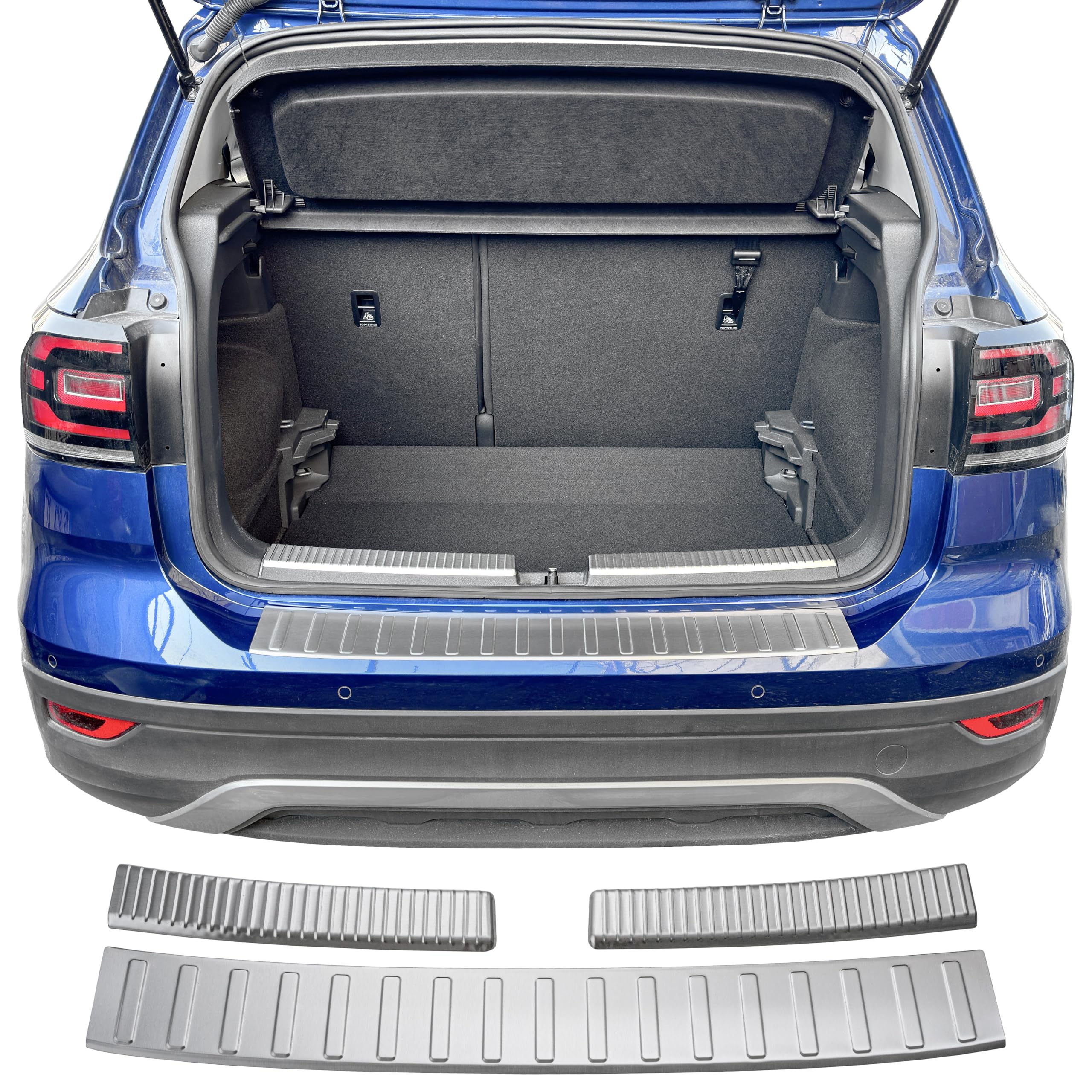 RECAMBO Edelstahl Ladekantenschutz - passend für VW T-Cross | C11 | BJ ab 2018 2-teiliges Set in gebürsteter Optik für Stoßstange innen & außen mit strukturierter Oberfläche & Klebemontage