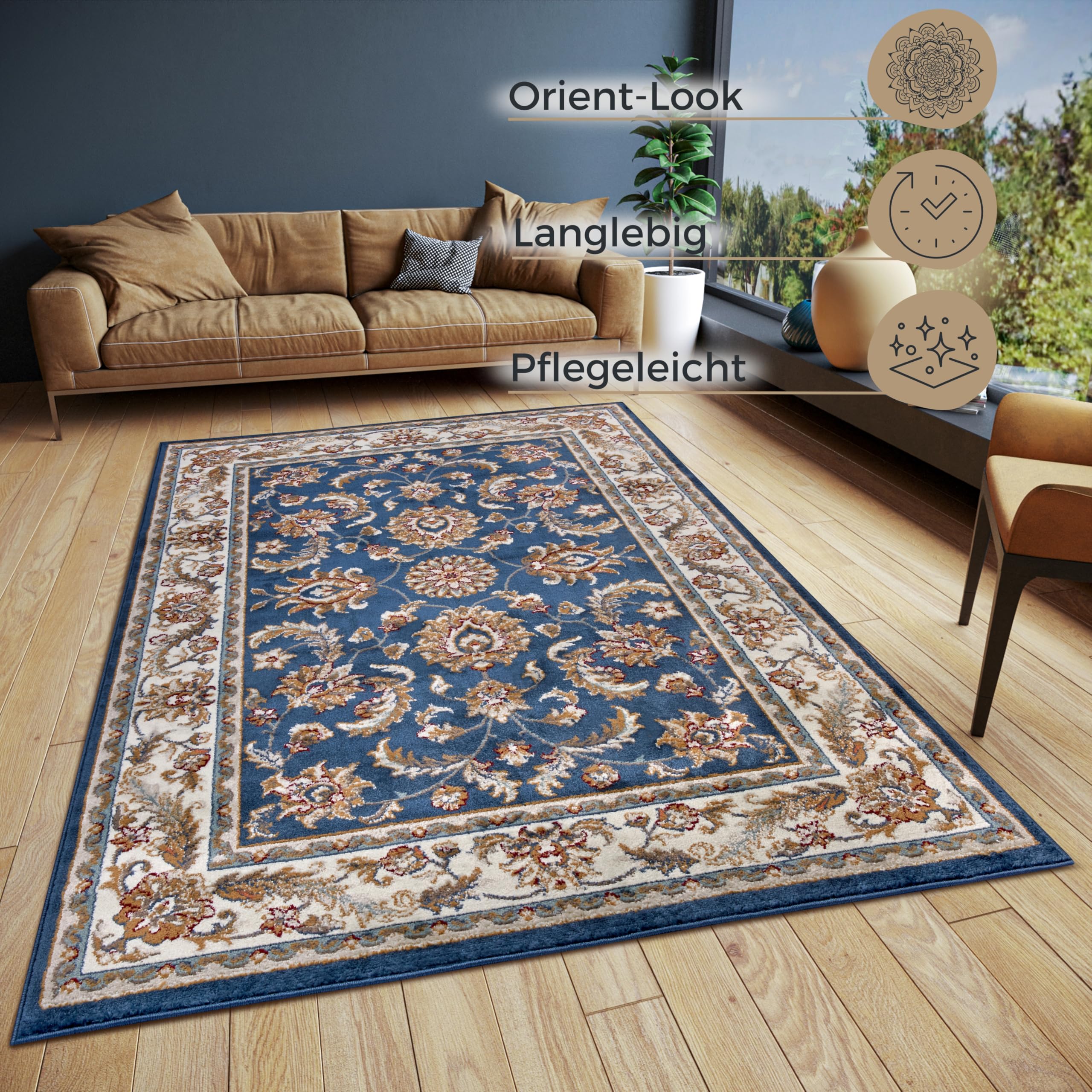 Hanse Home Reni Tapis Oriental – Tapis Oriental Classique tissé serré avec Ornements et Motifs Floraux à Poils Courts Doux pour Chambre à Coucher, Salle à Manger, Salon, Couloir - Bleu crème, 140 x