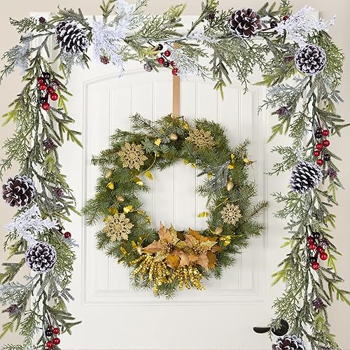 Miniatura 5 de Winlyn Paquete de 2 guirnaldas de Navidad artificiales nevadas de pino y cedro de 6 pies, conos de pino, bayas rojas, guirnalda de vegetación de