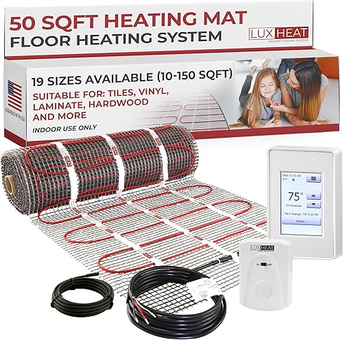 LuxHeat Kit de alfombrillas de 50 pies cuadrados, sistema eléctrico de calefacción por suelo radiante de 120 V para debajo de azulejos, piedra y