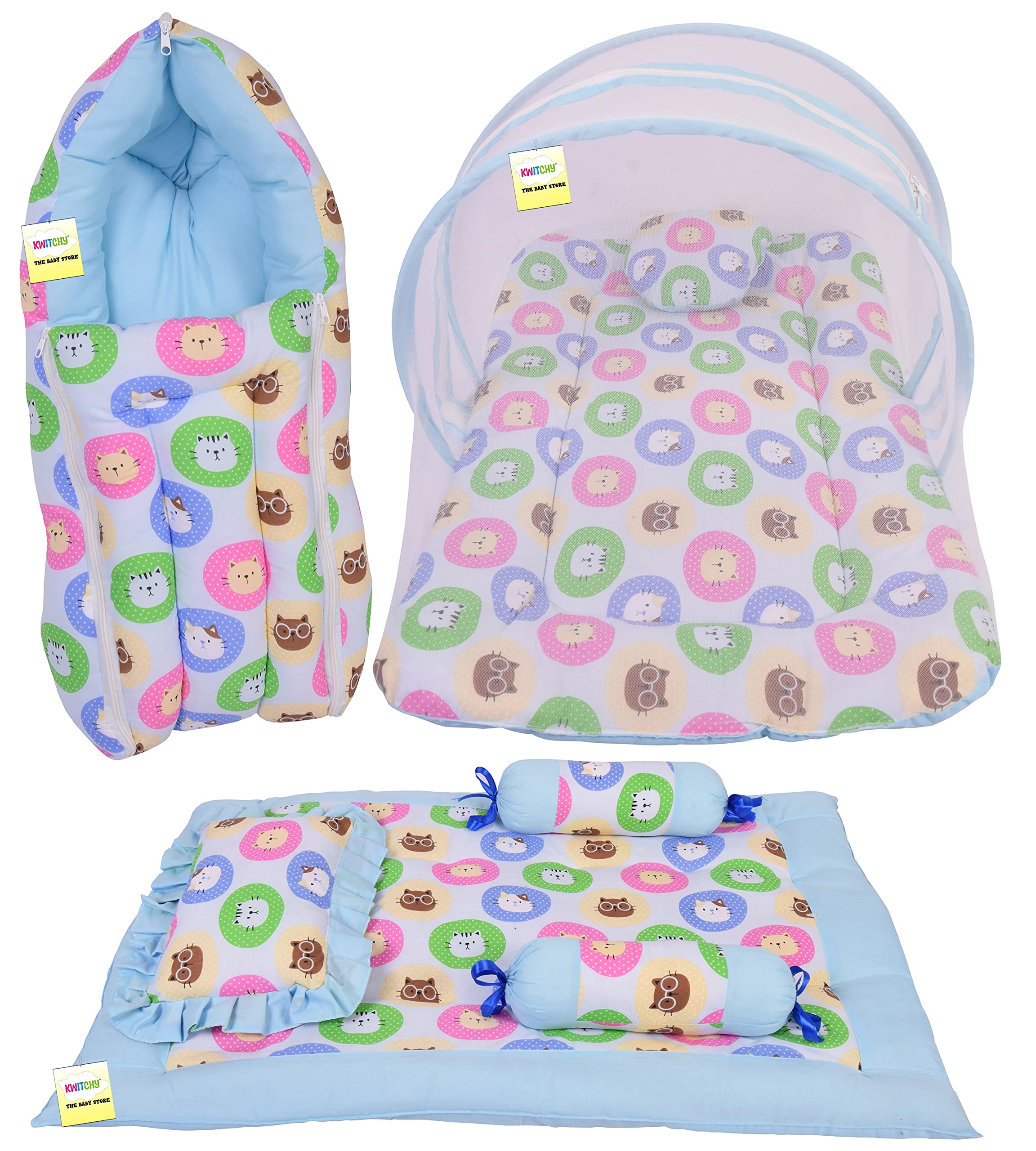Kwitchy New Born Baby Bedding Combo of Mattress with Net | 4 Pcs Gadda Set (0-6 Months) Blue (3PCS Set)
