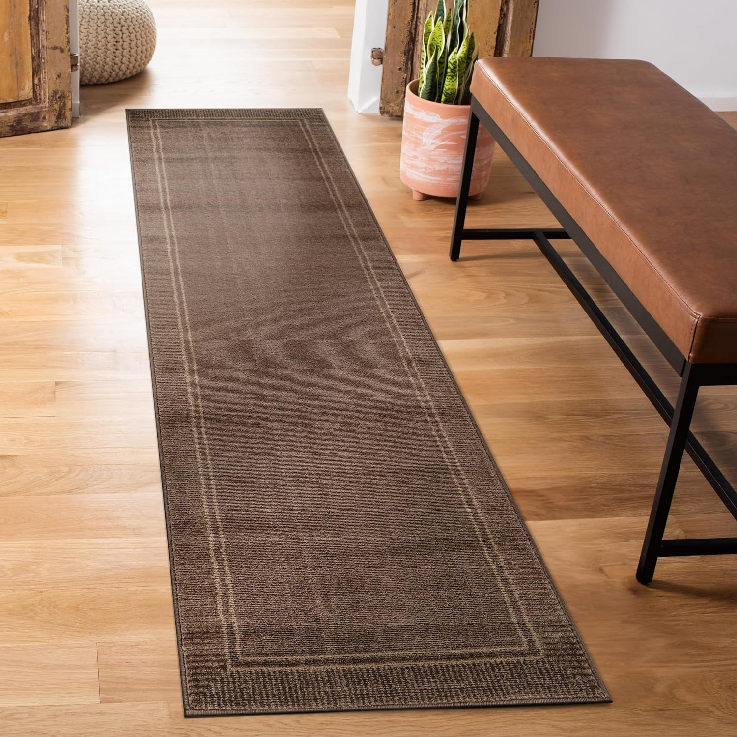 Rugshop Modern Distressed Bordered Indoor Runner Rug for Hallway,Entryway,Kitchen Rug Low Pile Rug with Jute Backing 2' 3" x 12' Brown