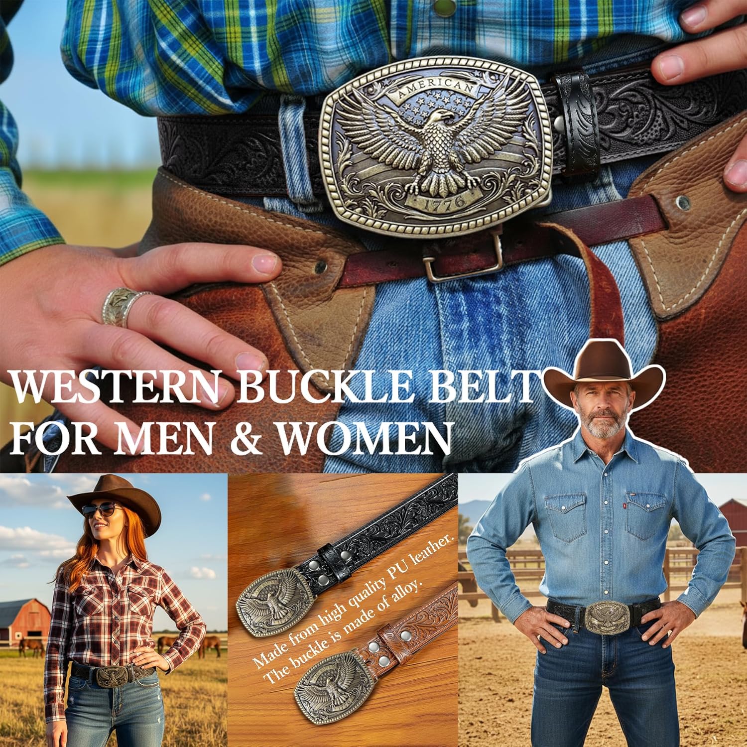 Western Belt for Belt Buckle - 1.5" Adjustable Leather Belts with Eagle Buckle Cowboy Belts for Men Women 34"-40" - Image 4