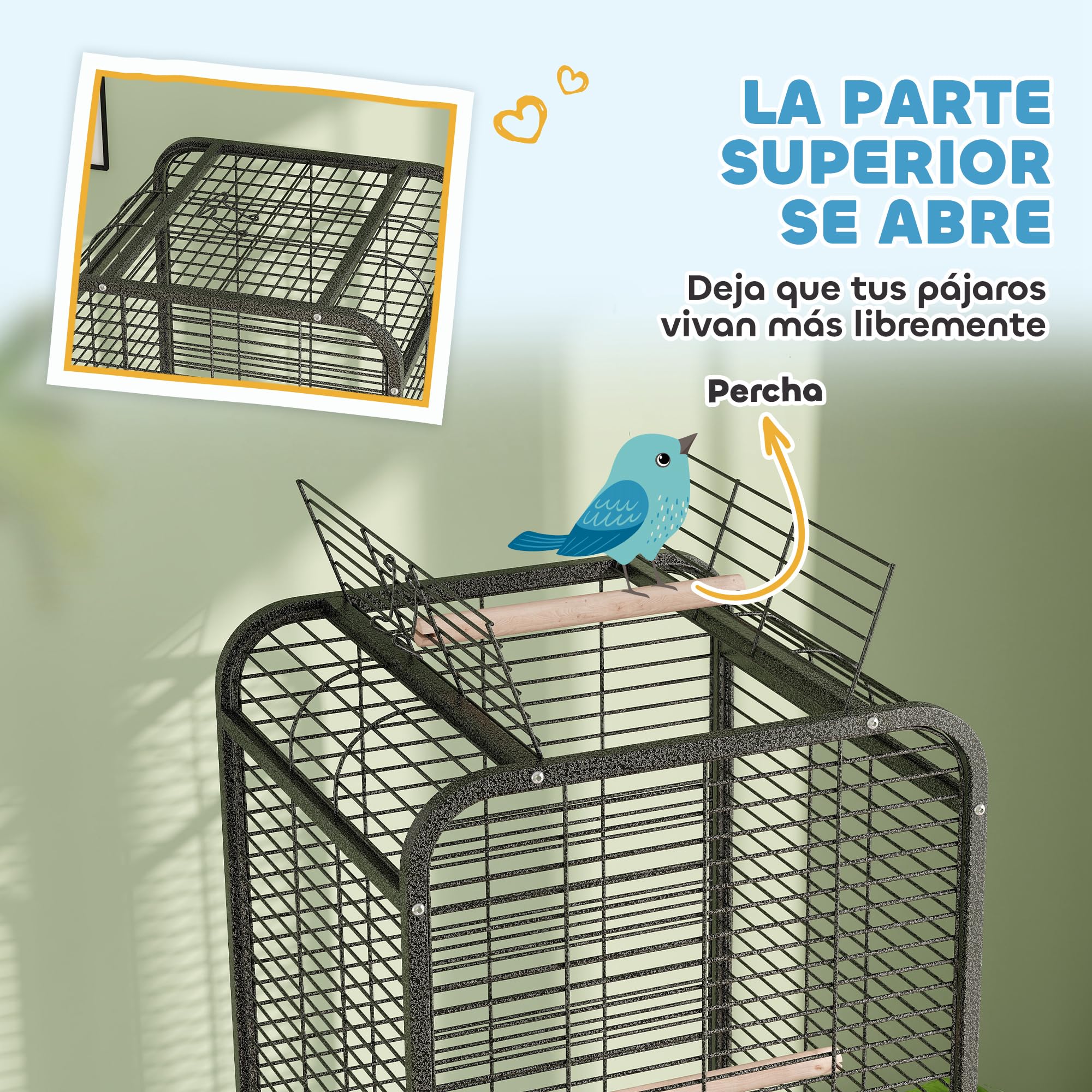 PawHut Jaula para Pájaros Jaula para Loros con Ruedas Perchas Comederos Estante y Bandeja Extraíble Pajarera para Cacatúas Cotorras 62,5x62,5x146 cm Gris Oscuro