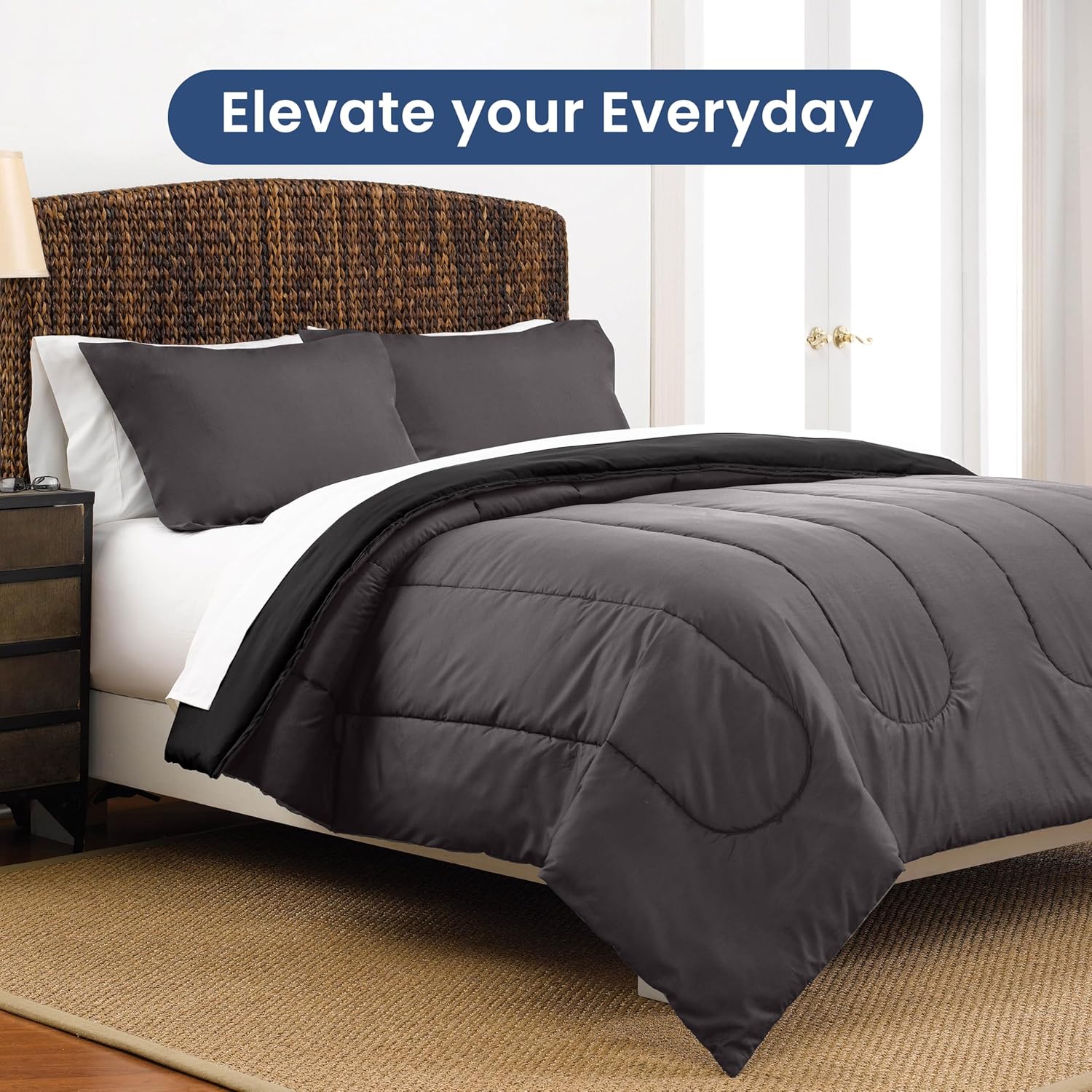 Martex 3-Piece Reversible Comforter Set – Full/Queen Comforter Set – for Full Size Bed & Queen Size Bed - Versatile Room Decor – Durable Bedding Set – Machine Washable – Super Soft – Graphite/Ebony