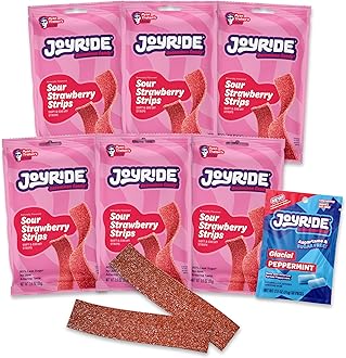 Strawberry Sour Strips - 3.5 oz 6-Pack Bundle with 2.5oz Glacial Peppermint Gum, Low Sugar, Sour Belt Candy, Dye Free, Low Calorie Snacks, Healthy Candy (7 Items)