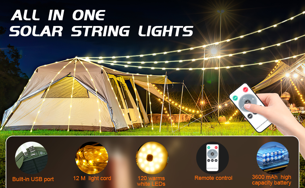 Guirlande lumineuse d'extérieur étanche portable pliable pour camping, guirlande lumineuse portable d'extérieur rétractable, guirlande lumineuse LED pour décoration de camping (lumière chaude 10 m