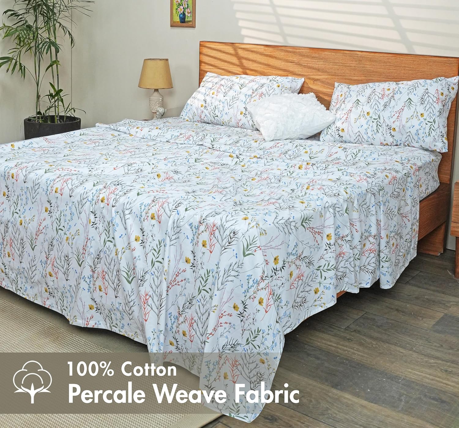 RUVANTI 100% Cotton Sheets – Queen Size Percale Bedding, Cooling & Breathable Floral Design, Durable with a Crisp, Soft & Comfortable Feel, 16" Deep Pocket, 4-Piece Set, Aroma