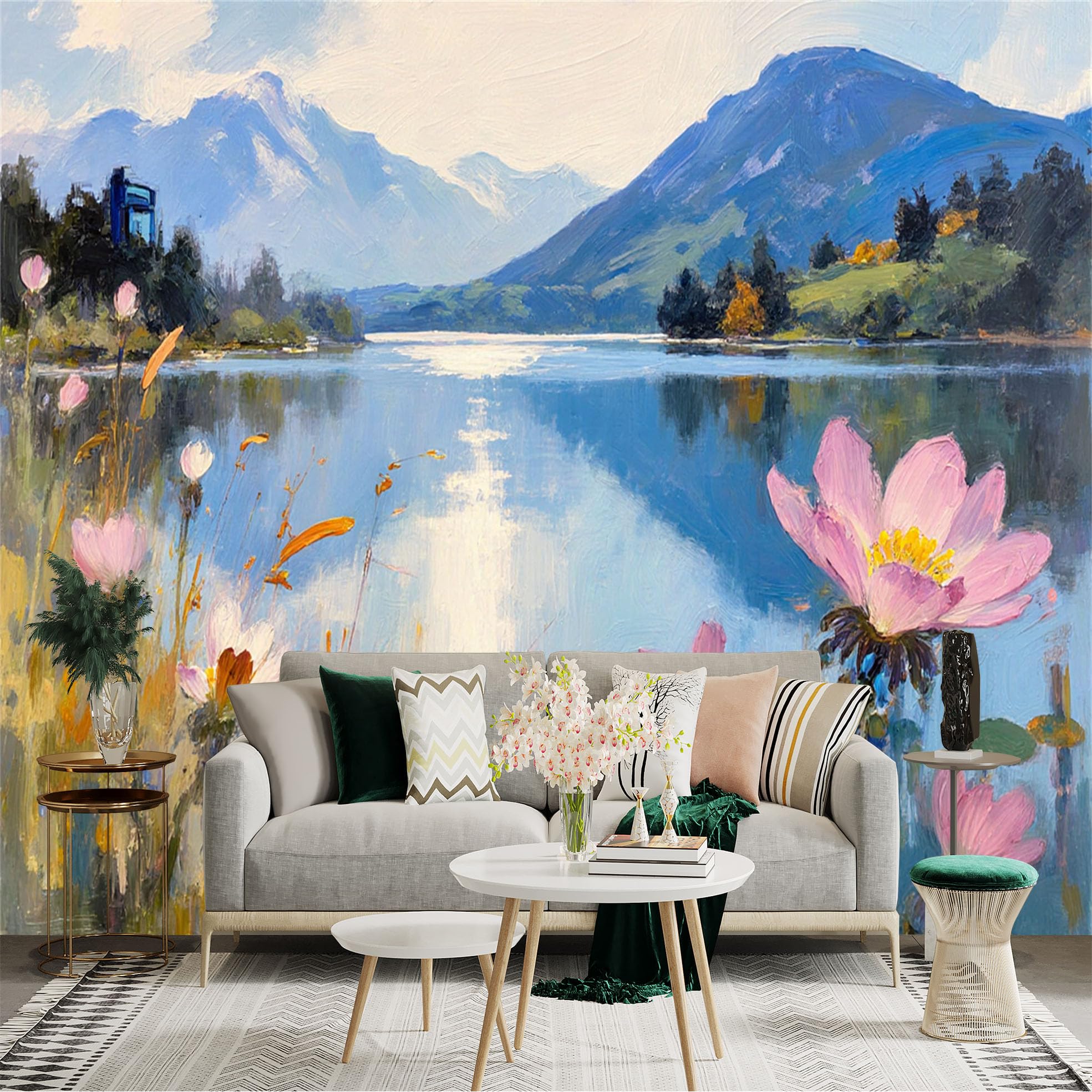 Custom Size Wall Sticker Mural， Lake with Mountains and Pink Lotus Flowers， Serene Landscape Painting， for wall Decoration， peelandstick wall Decals.
