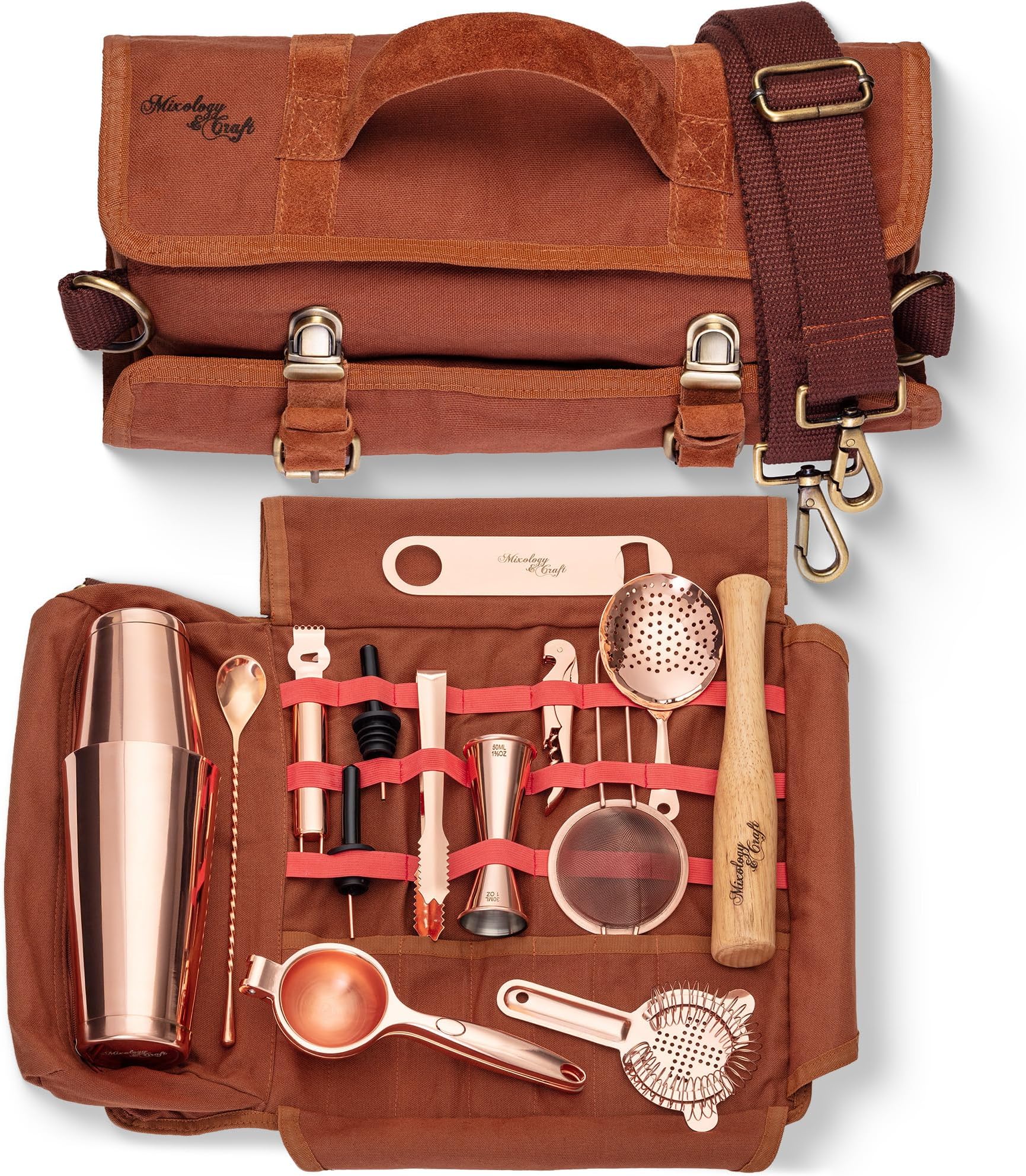 Mixology & Craft Travel Bartender Kit Bag | 17-Piece Copper Bar Tool Set with Tote Bag & Shoulder Strap for Portable Home Cocktails, Parties | Complete Bartender Tools Kit in Bag for Travel Bar
