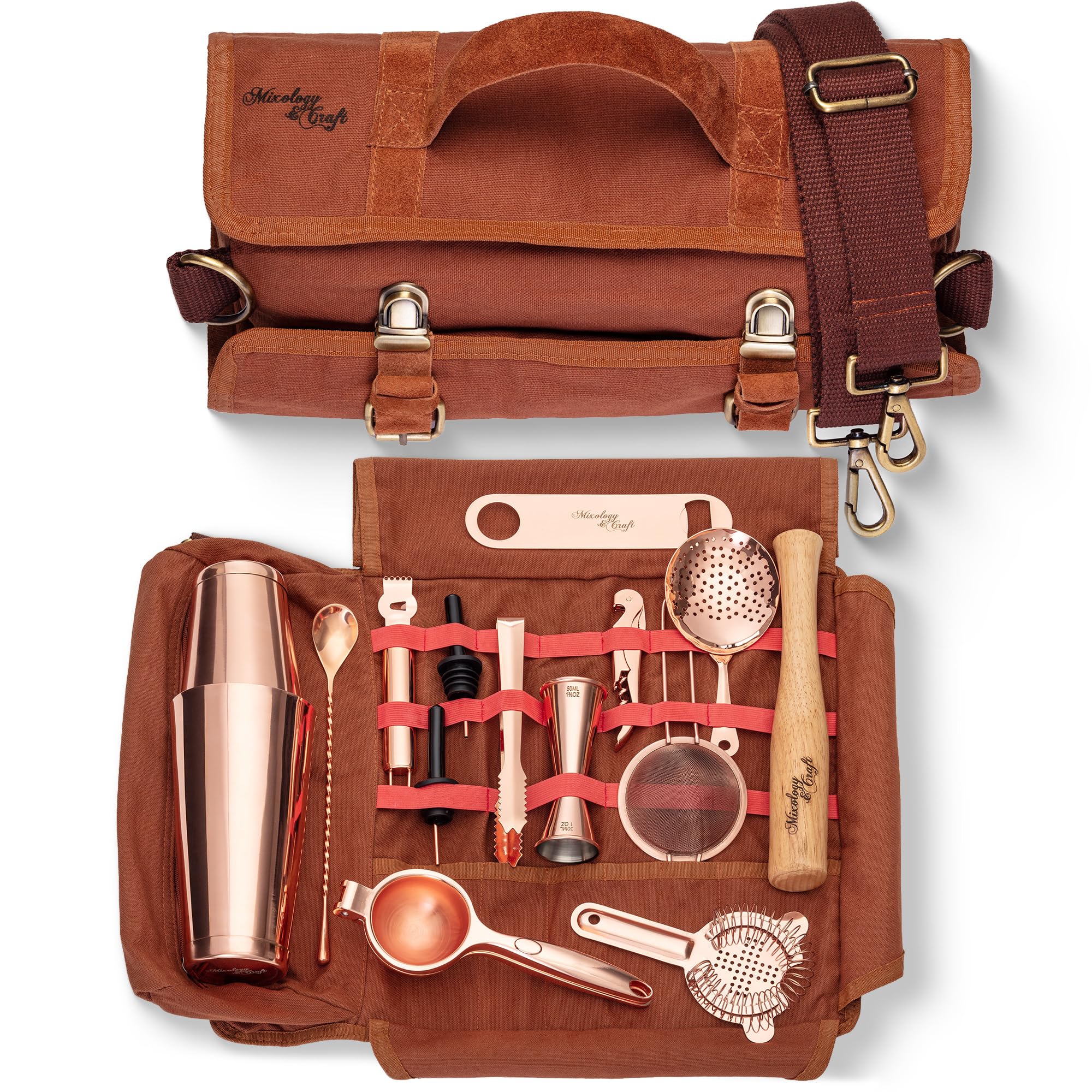 Travel Bartender Kit Bag | Professional 17-Piece Copper Bar Tool Set with Portable Bar Bag and Shoulder Strap for Easy Carry and Storage | Best Travel Bar Set for Home Cocktail Making, Work, Parties