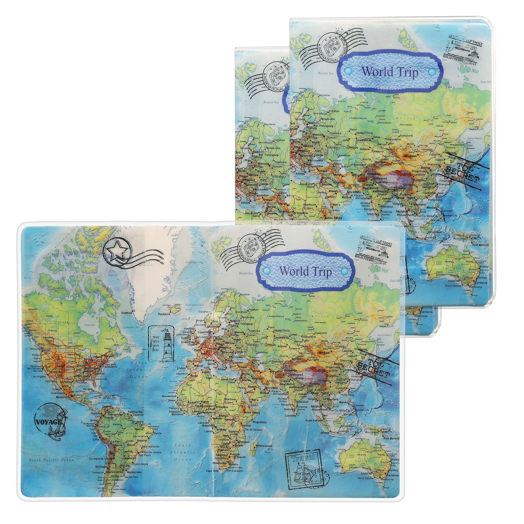 kwmobile 3X Passport Holder Protective Cover - PVC Passport Cover for Men and Women - Essential Travel Accessory - World Trip Blue/Green/White