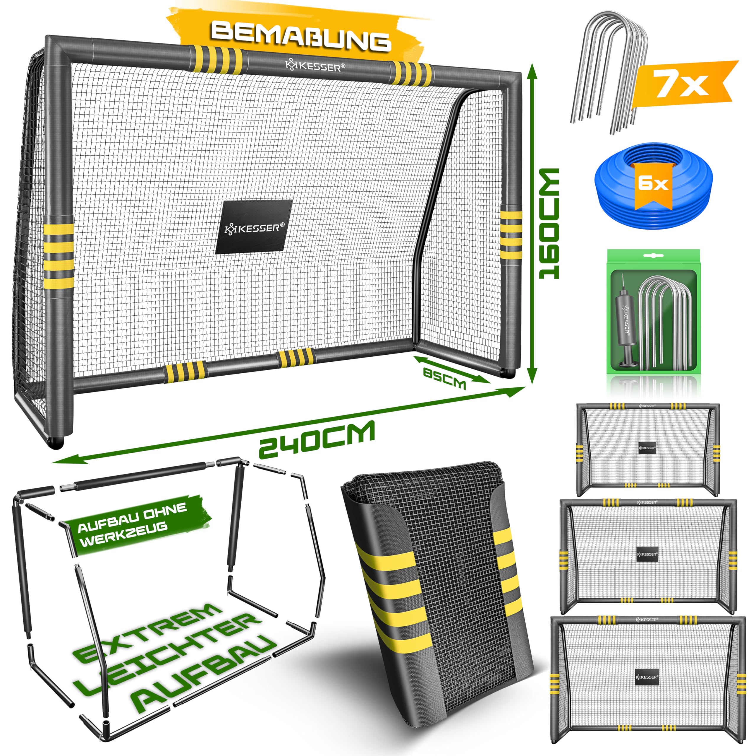 KESSER® Porta da calcio – Porta da calcio di alta qualità 240 cm, allenamento tiro allenamento rete resistente ai raggi UV, telaio in acciaio con imbottitura, picchetti per terra, pompa ad aria, coni
