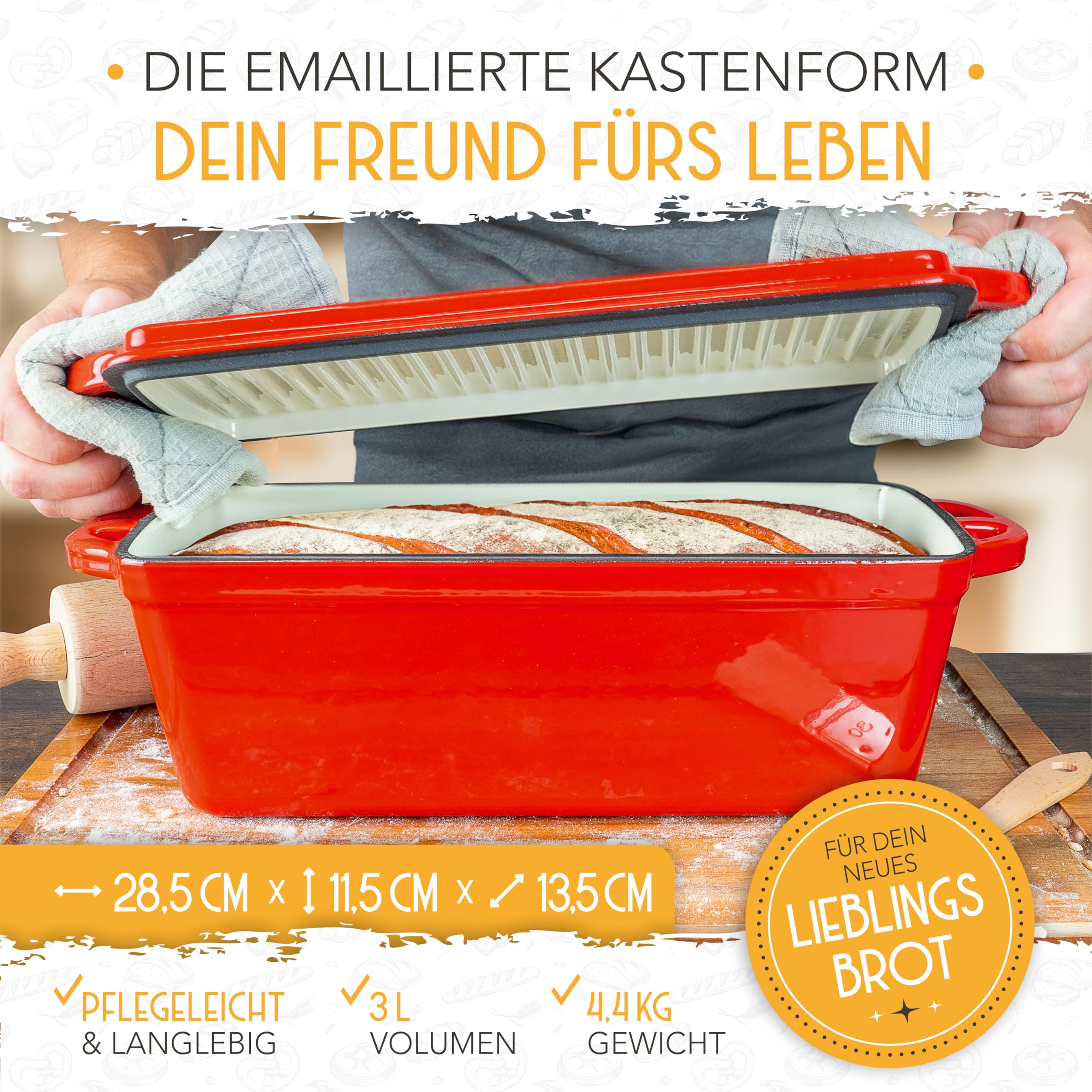 KRUSTENZAUBER Molde de pan esmaltado con tapa, incluye cesta de fermentación, molde robusto de 28 cm de hierro fundido, ideal como molde de caja, pan tostado, molde para pan, molde de pan, olla de