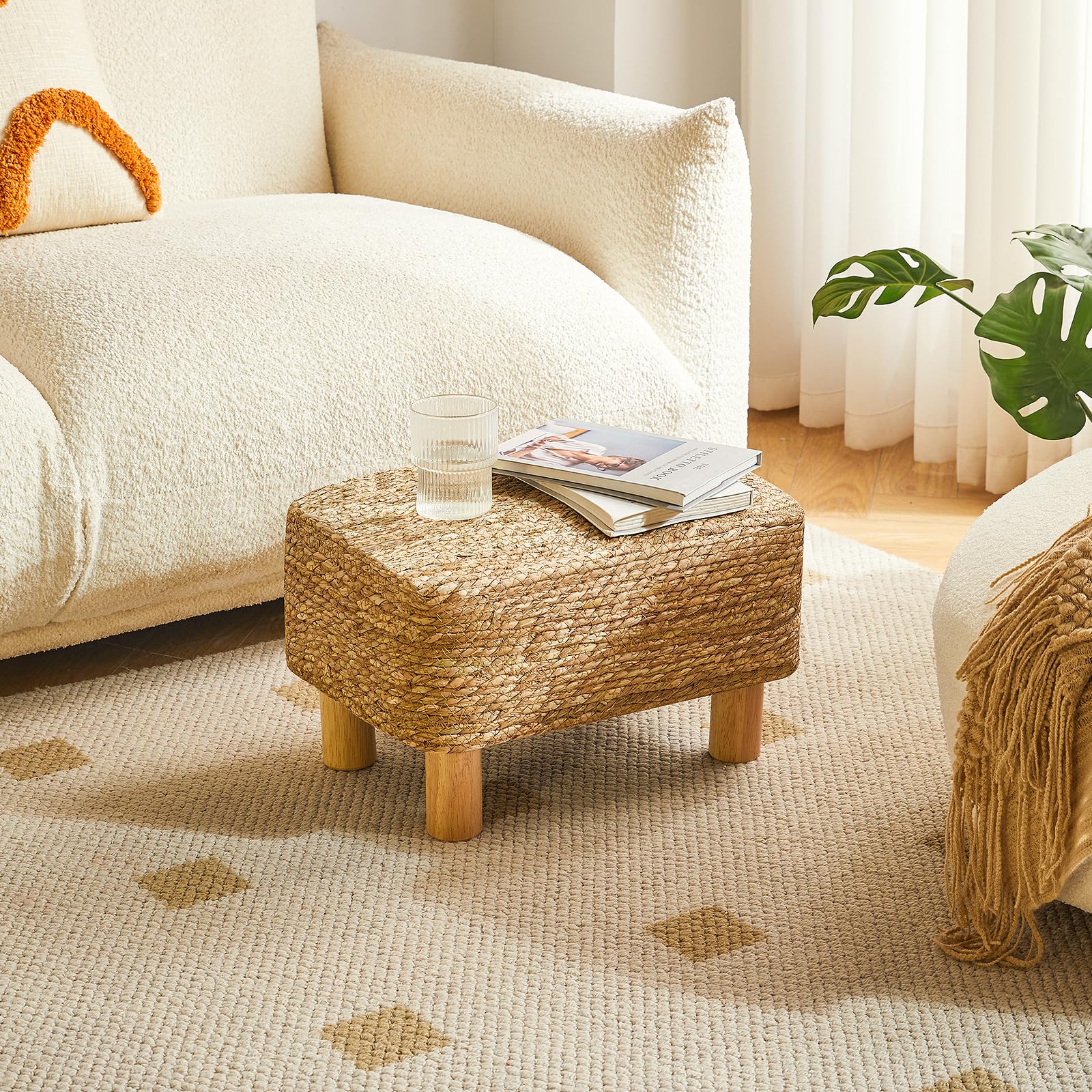 YMYNY Poggiapiedi Pouf Couch Sgabello Poggiapiedi Rettangolare In Alga Marina Naturale Multifunzionale Moderno Ottomano Divano Tavolino per Soggiorno Camera da Letto 42×30×26CM Natura HBD043N