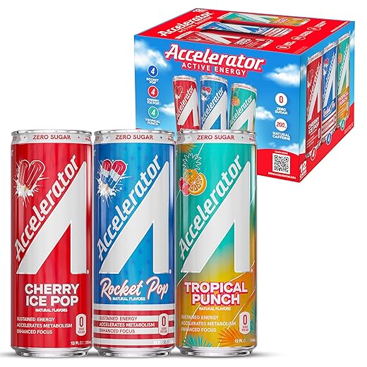 Accelerator Energy Drink, Variety Pack 12oz can (12 pack), Zero Sugar, Sustained Energy from 100% Natural Caffeine (200mg from Green Coffee Bean & Green Tea extract)