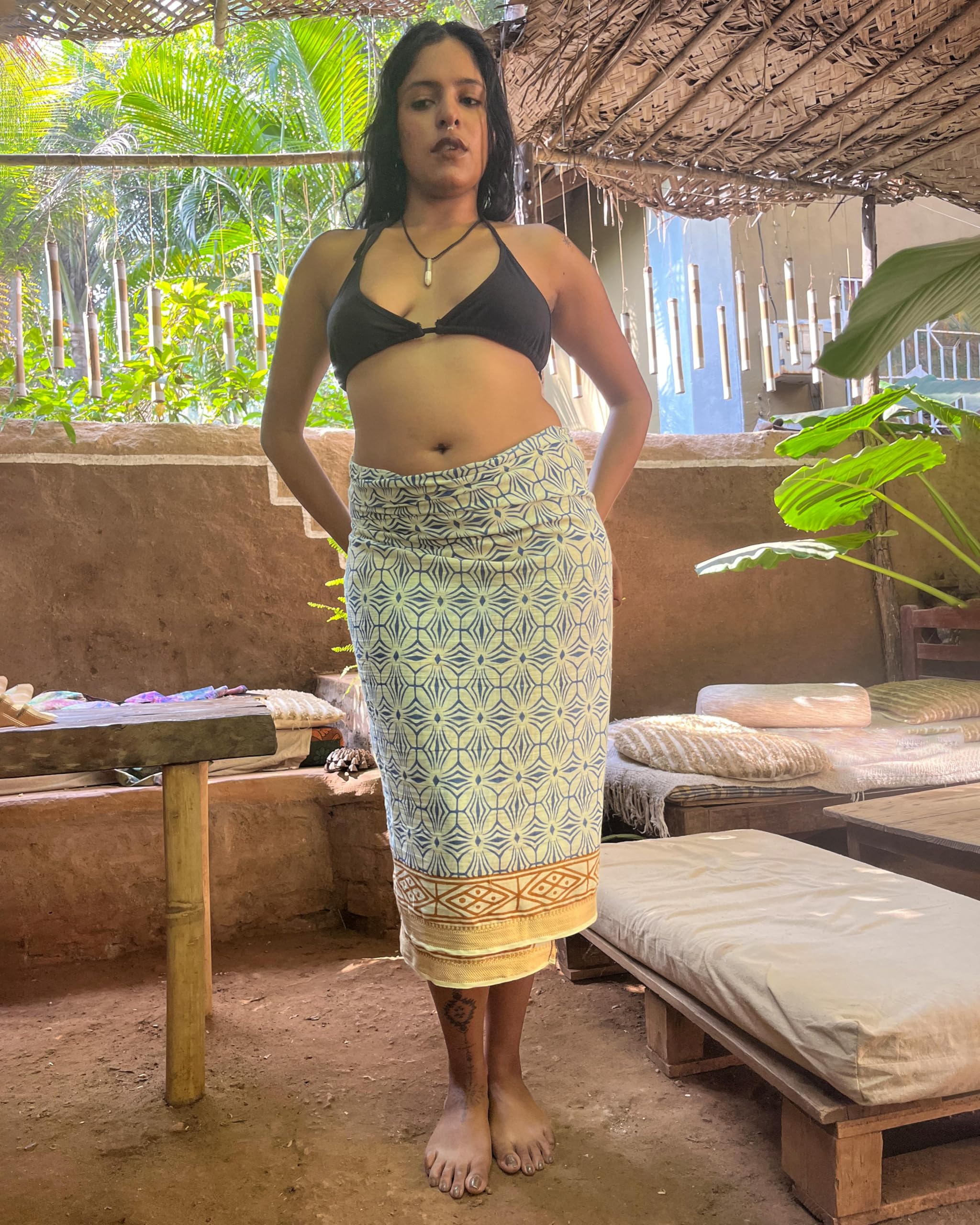 Mandala Life ART Pareo de Playa para Mujer Estampado a Mano – Sarong Indio con Borde Dorado – Algodón suav - Tela Decorativa - Envoltura Cubrir Bikini