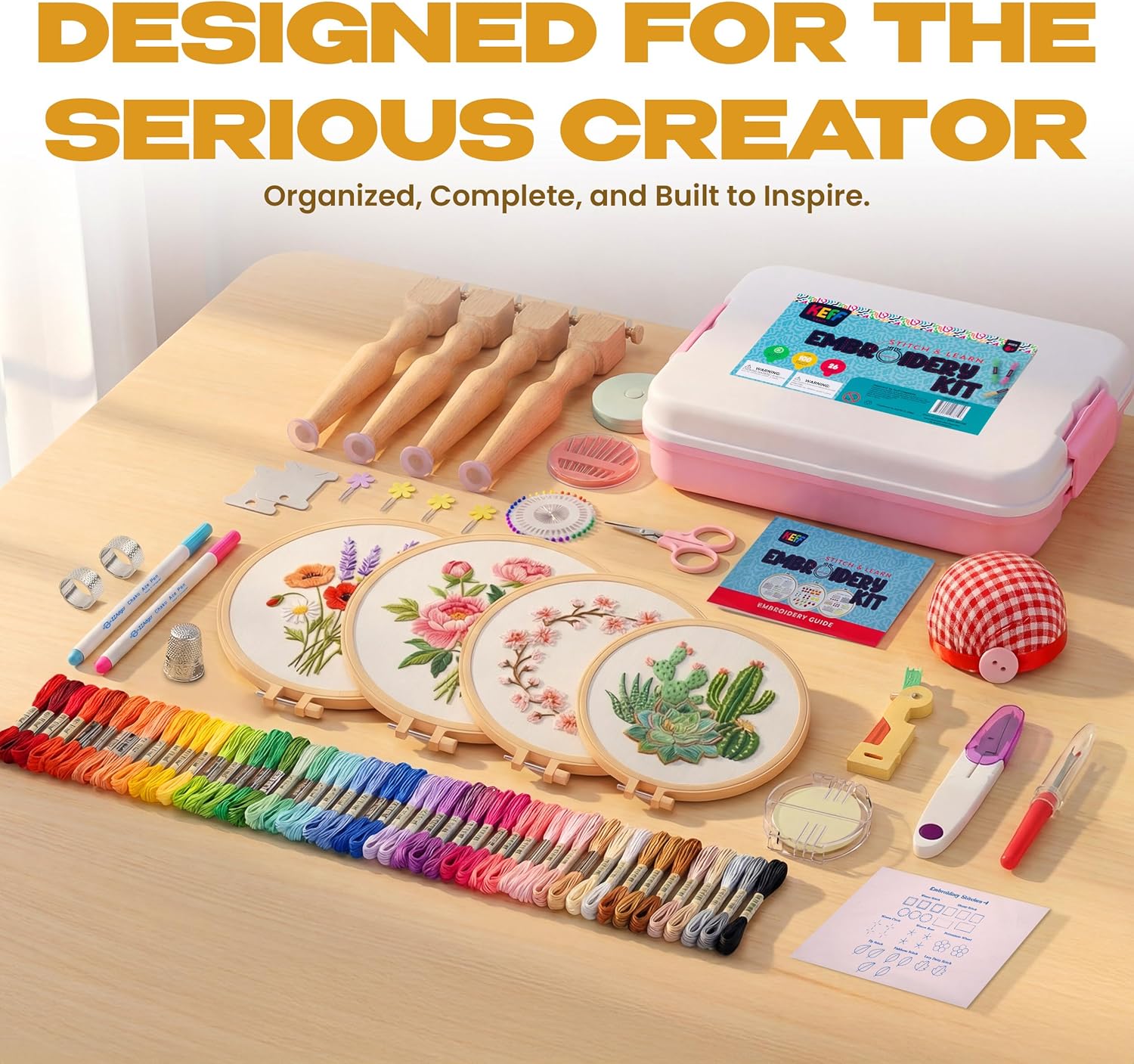 KEFF Craft Embroidery Kit for Beginners - 100 Embroidery Thread Colors, 4 Hoops, Scissors, Needles, Pins, Blank Fabrics & Tools – Cross Stitch Supplies, Cross Stitch Kits, Arts and Crafts for Adults