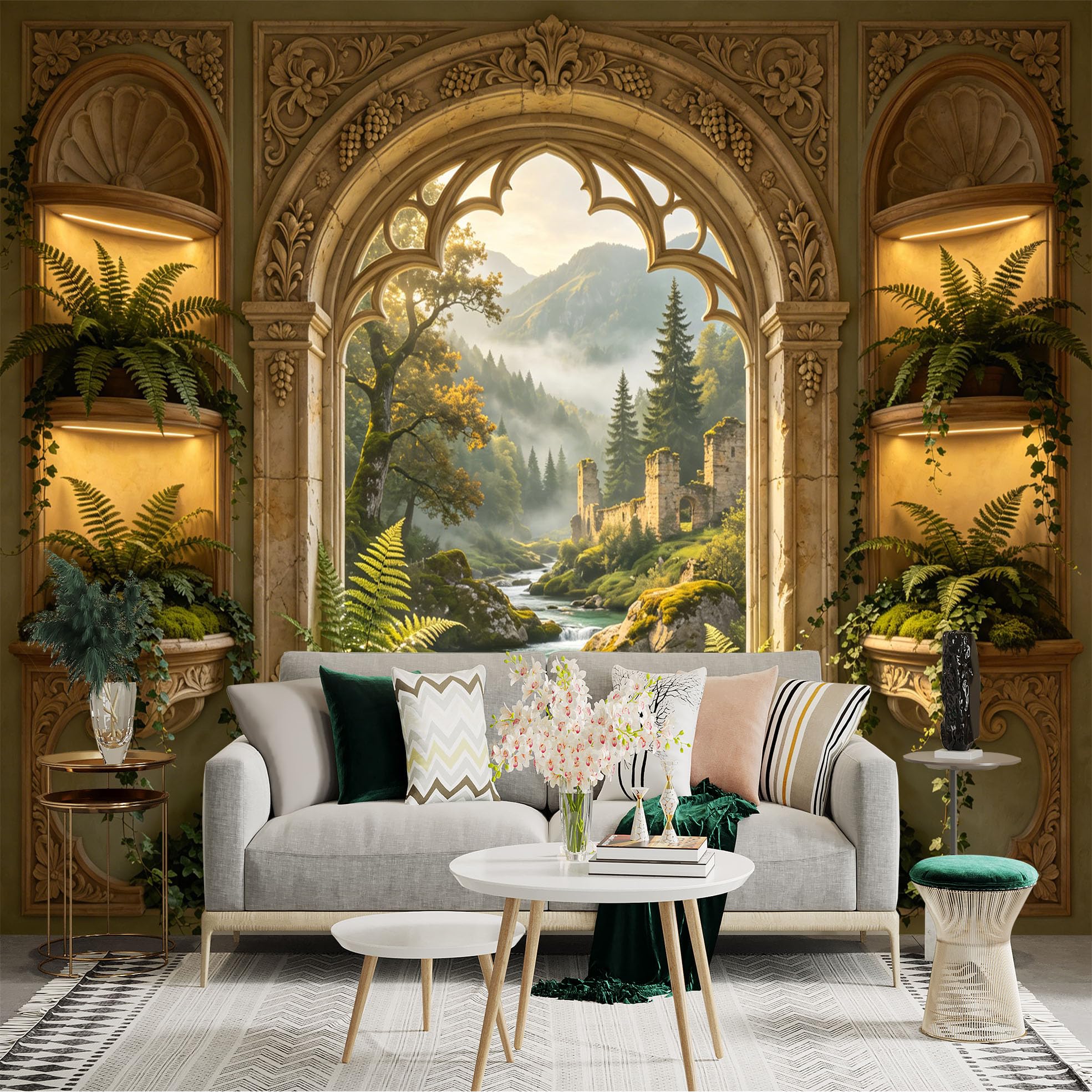 Custom Size Wall Sticker Mural， Vintage Arch with Castle Ruins， River and Forest Landscape， for wall Decoration， peelandstick wall Decals.