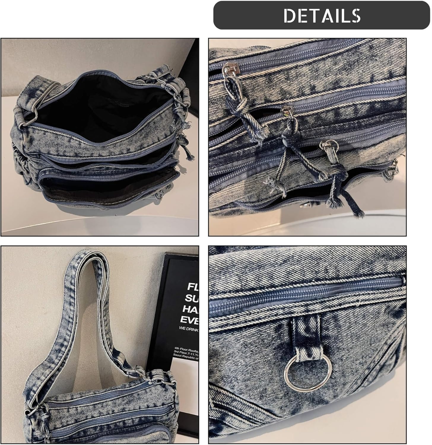 Retro Denim Crossbody Bag for Women, Lightweight Multi-Pocket Tote, Adjustable Strap Metal Zipper Purse