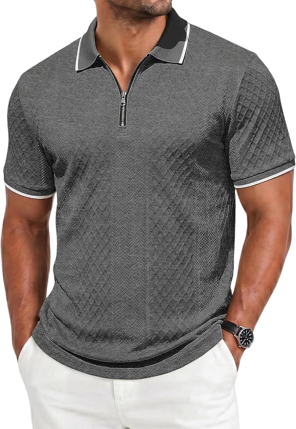 Men's Zipper Polo Shirt Casual Textured Knit Short Sleeve Polo T Shirt Summer Vacation Beach Golf Shirts