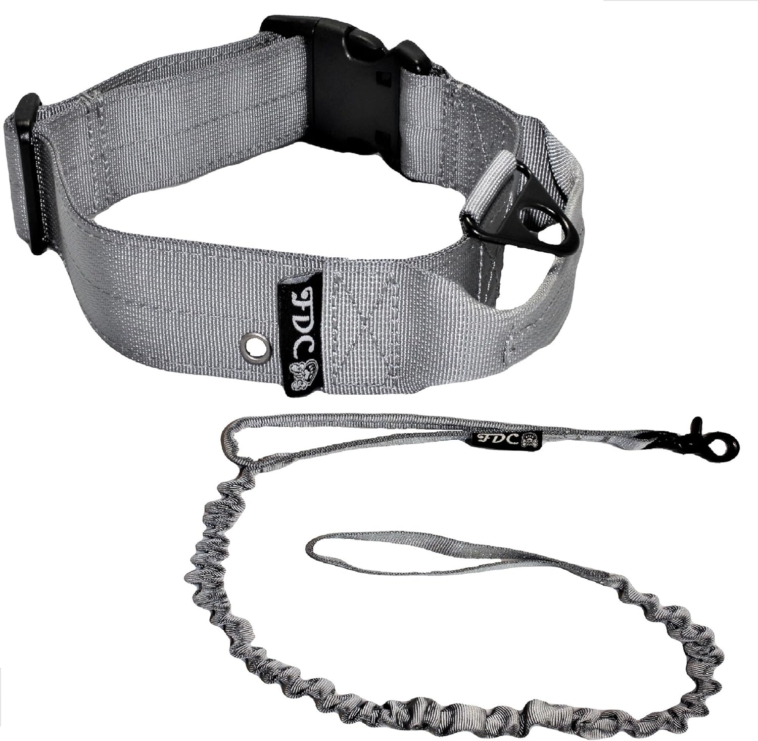 FDC Dog Tactical Collar with Leash Bungee Handle Heavy Duty Training Military Army Molle Width 1.5in Plastic Buckle TAG Hole Medium Large M, L, XL, XXL (M: Neck 12" - 14", Grey)