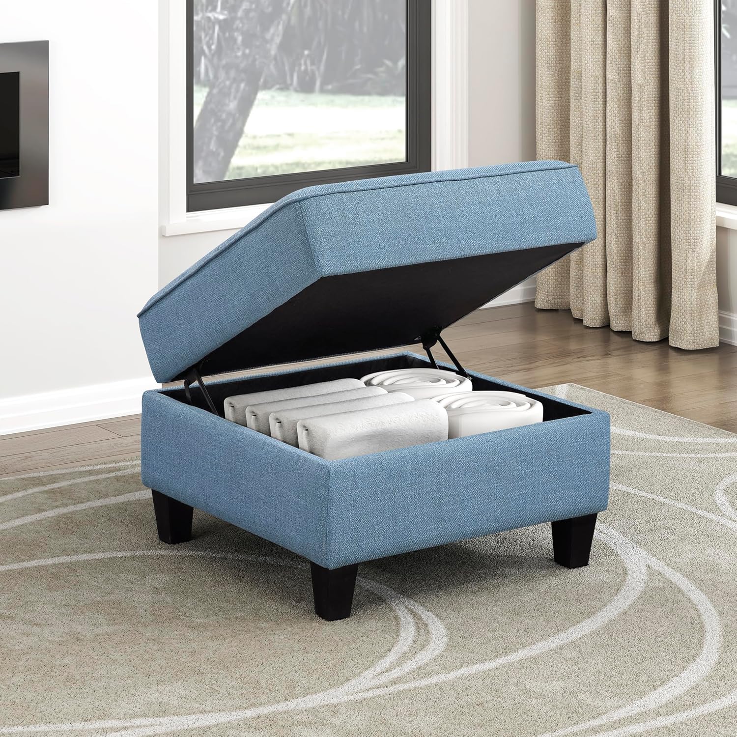 Lexicon Modern Ottoman with Hidden Storage, Textured Fabric Modular Square Ottoman Foot Rest with Button-Tufted Design for Living Room/Bedroom/Office, Blue