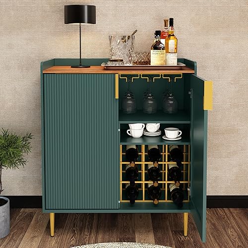 ARTPOWER Gabinete de barra de café con estantes para vino, gabinete de licor verde con textura acanalada, aparador moderno gabinete de buffet para