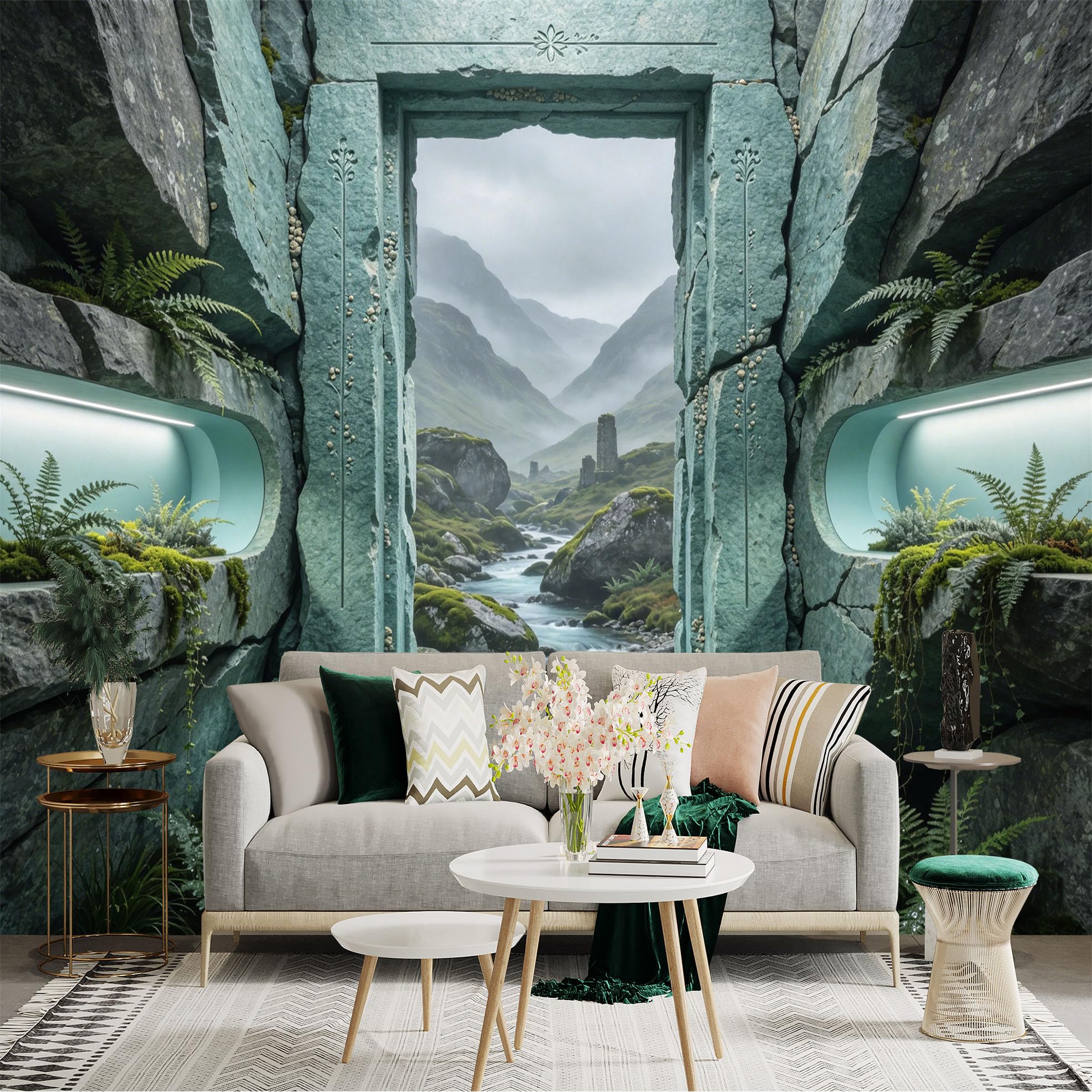 Custom Size Wall Sticker Mural， Fantasy Stone Portal with River Valley and Misty Mountains， for wall Decoration， peelandstick wall Decals.