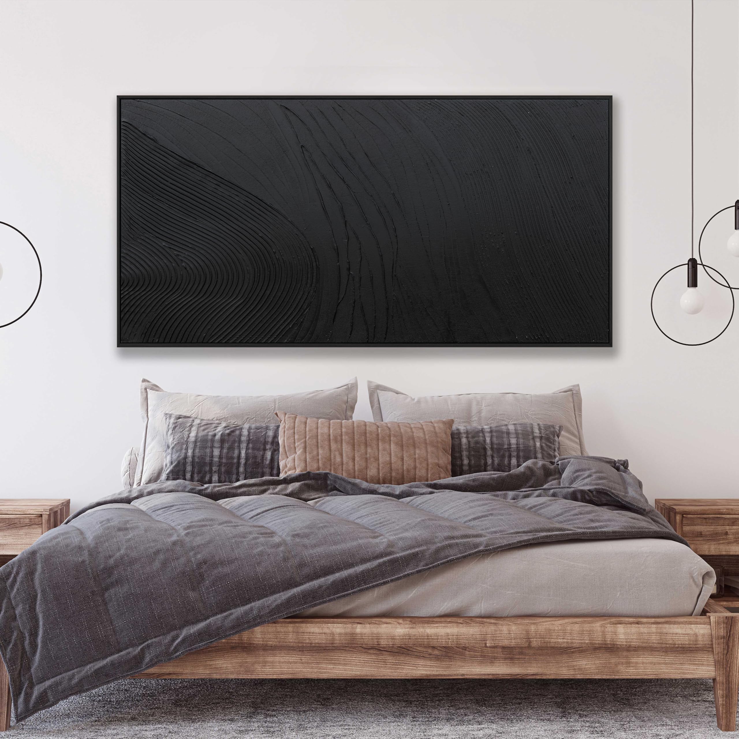 Arte de pared grande y moderno para sala de estar, lienzo abstracto, decoración de pared enmarcada grande, arte de pared negro, arte de pared pintado a mano, textura negra, obra de arte para paredes 3