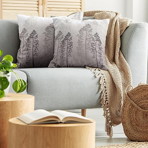 Miniatura 4 de Ambesonne Juego de 2 fundas de cojín de campo, pinos en el bosque en bruma, parecen degradado, telón de fondo de vida silvestre, arte de aventura,