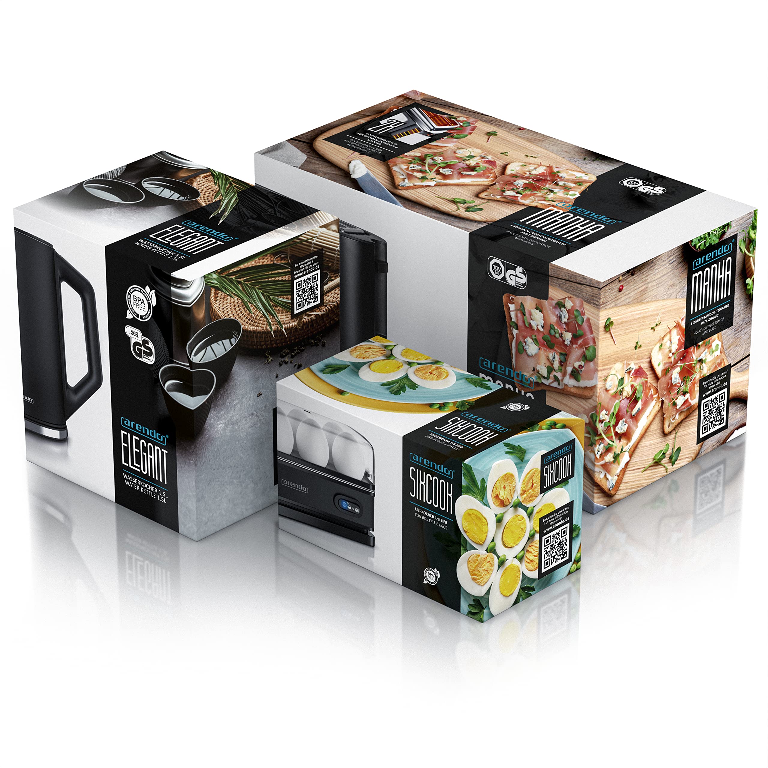 Arendo Wasserkocher Toaster Eierkocher Set Edelstahl Schwarz 1,5L 4 Scheiben LED-Display 6 Bräunungsgrade 1-6 Eier