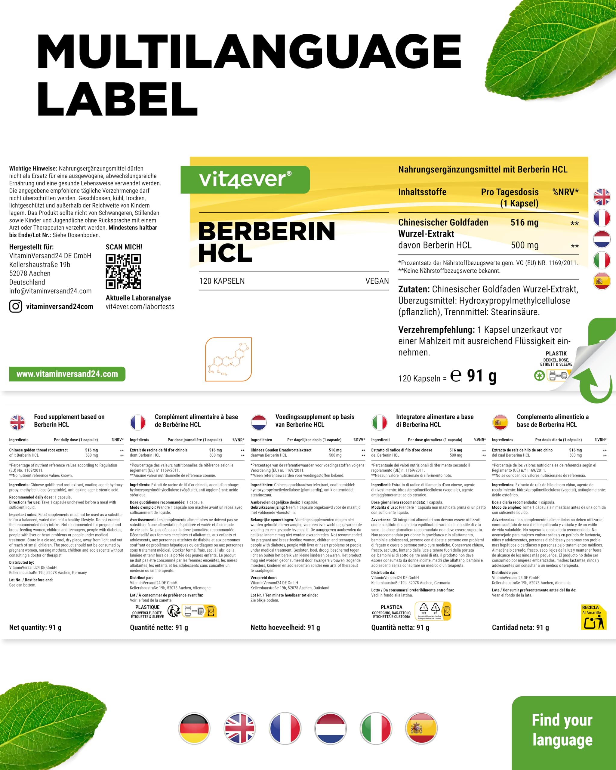 vit4ever Berberin HCL Extrakt - 120 Kapseln - 500 mg - hochdosiert | Aus Goldfadenwurzel, 4-Monatsvorrat, pflanzlich vegan, ohne Zusätze