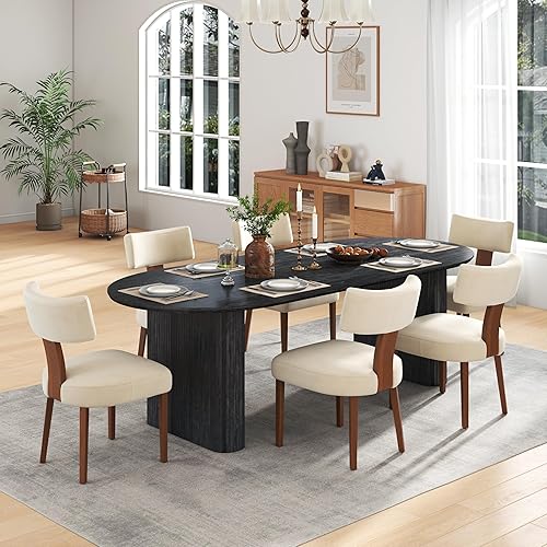 Miniatura 11 de Juego de mesa de comedor ovalada extensible de 59 a 90 pulgadas con 6 sillas de comedor con respaldo en T para 6 personas, moderna mesa de comedor