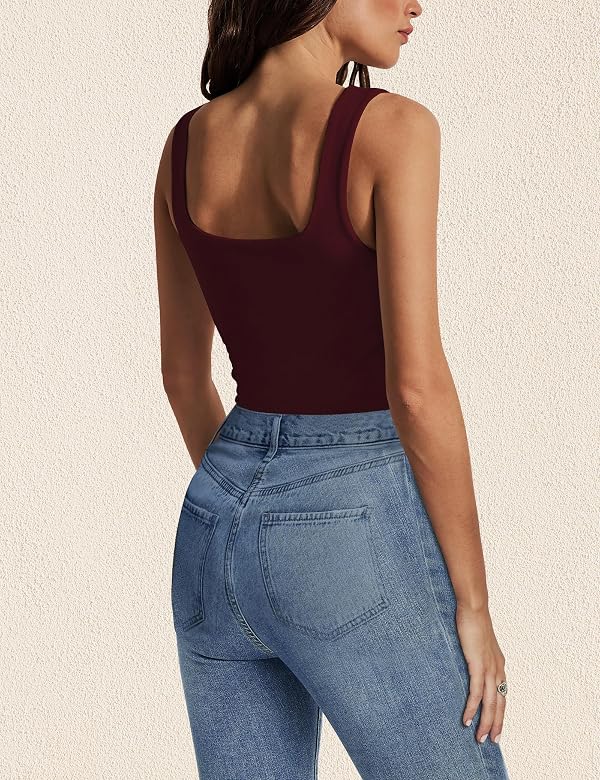 KEEPBEAUTY Womens Tank Tops Dressy Summer Sleeveless Shirts Sexy Square Neck Double Lined Fitted Tops T Shirts Blouses Burgundy M by KEEPBEAUTY - Used condition - Image 4