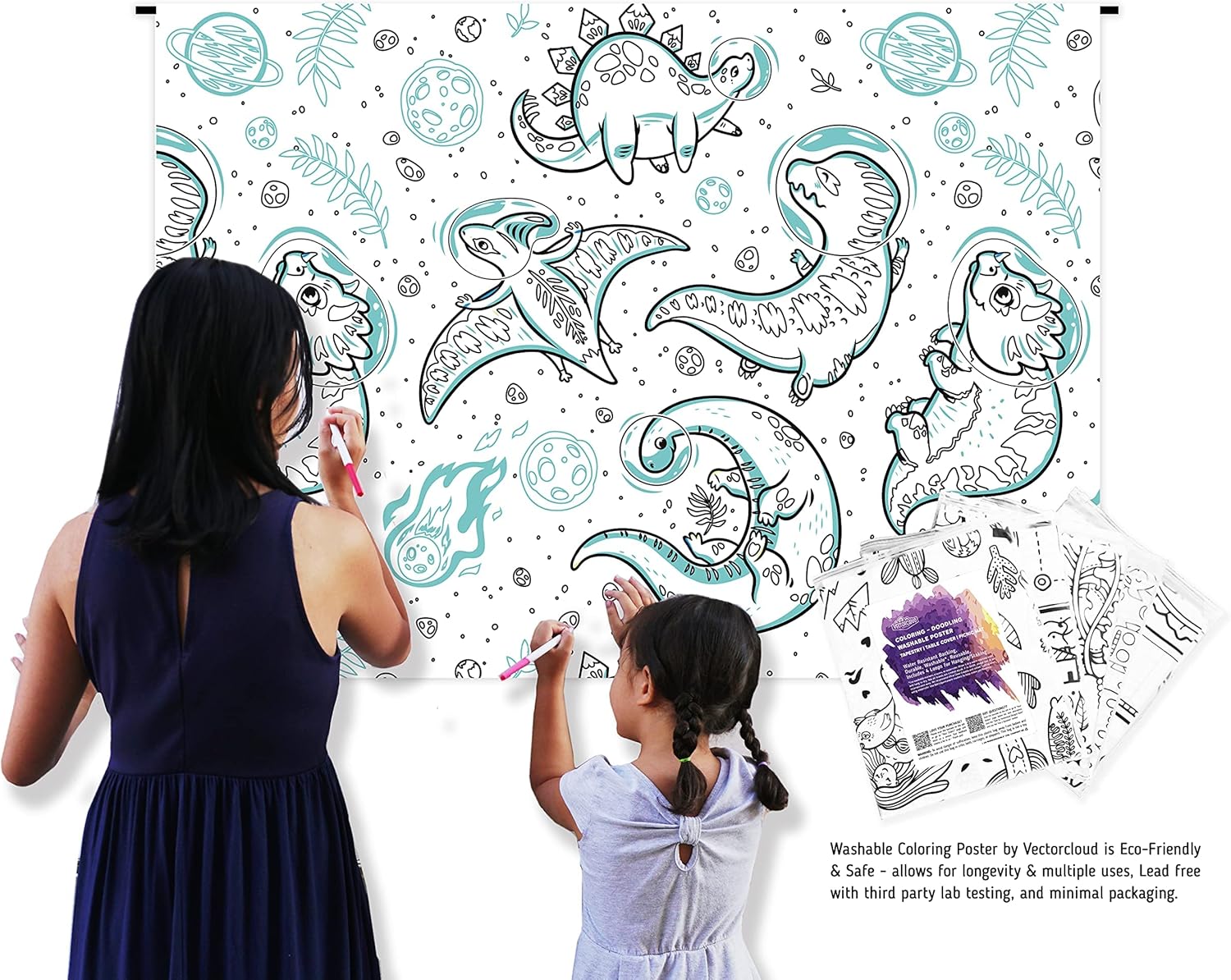 Vectorcloud Washable Coloring Poster (Giant XXL 54" x 40") Reusable, Tear & Wrinkle Resistant, Table Cover, Coloring Mat. Dinosaurs, Outer Space.