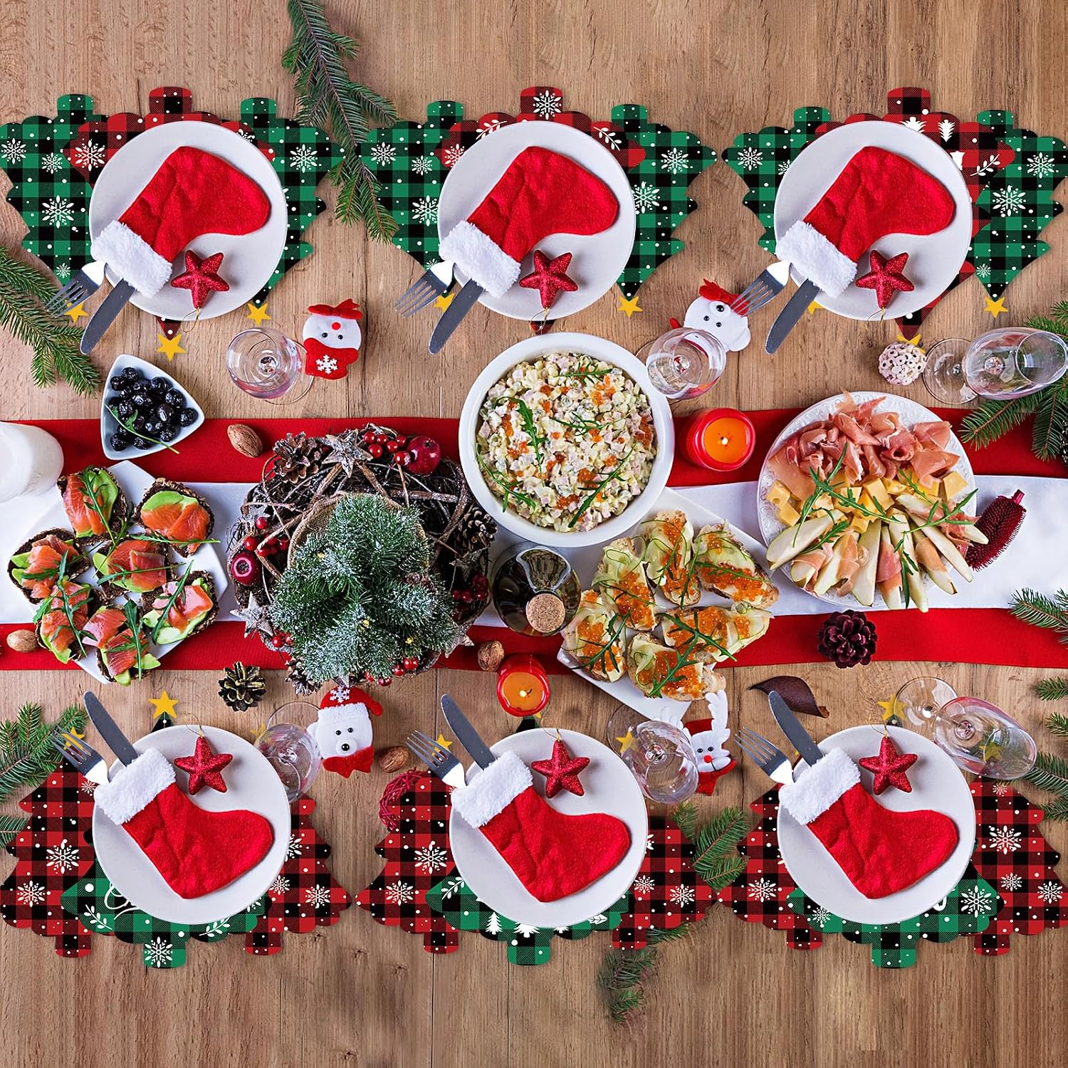 Christmas Placemats Set of 6 Christmas Tree Plastic Table Mats Red Green and Black Buffalo Plaid Table Mats Snowflake Winter Shaped Placemats for Holiday Party Kitchen Dining Decoration