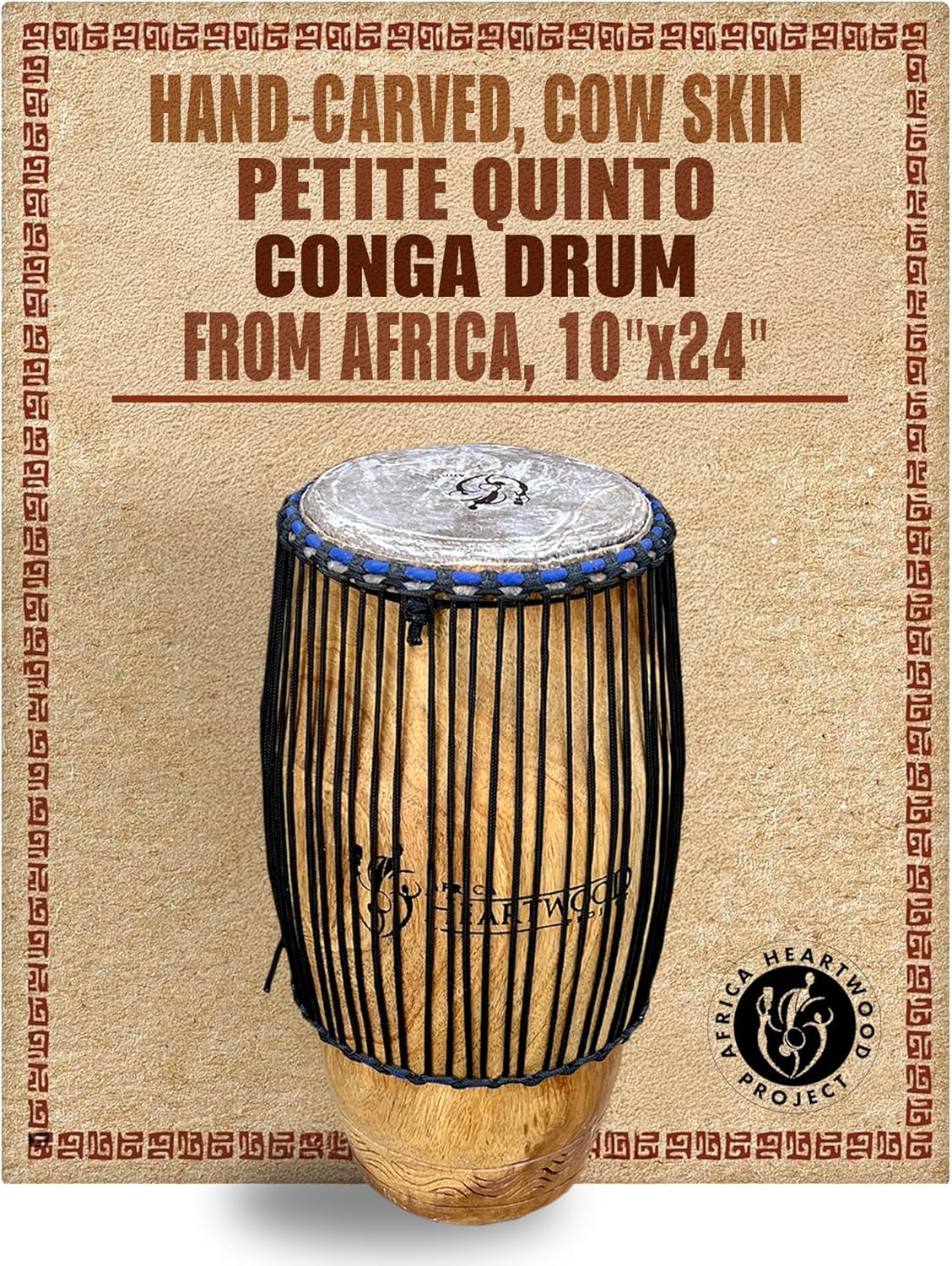 Africa Heartwood Project Classic Hand-carved African Quinto Conga Drum - Solid wood, Cow skin, Rope tuned - 10x24 Size