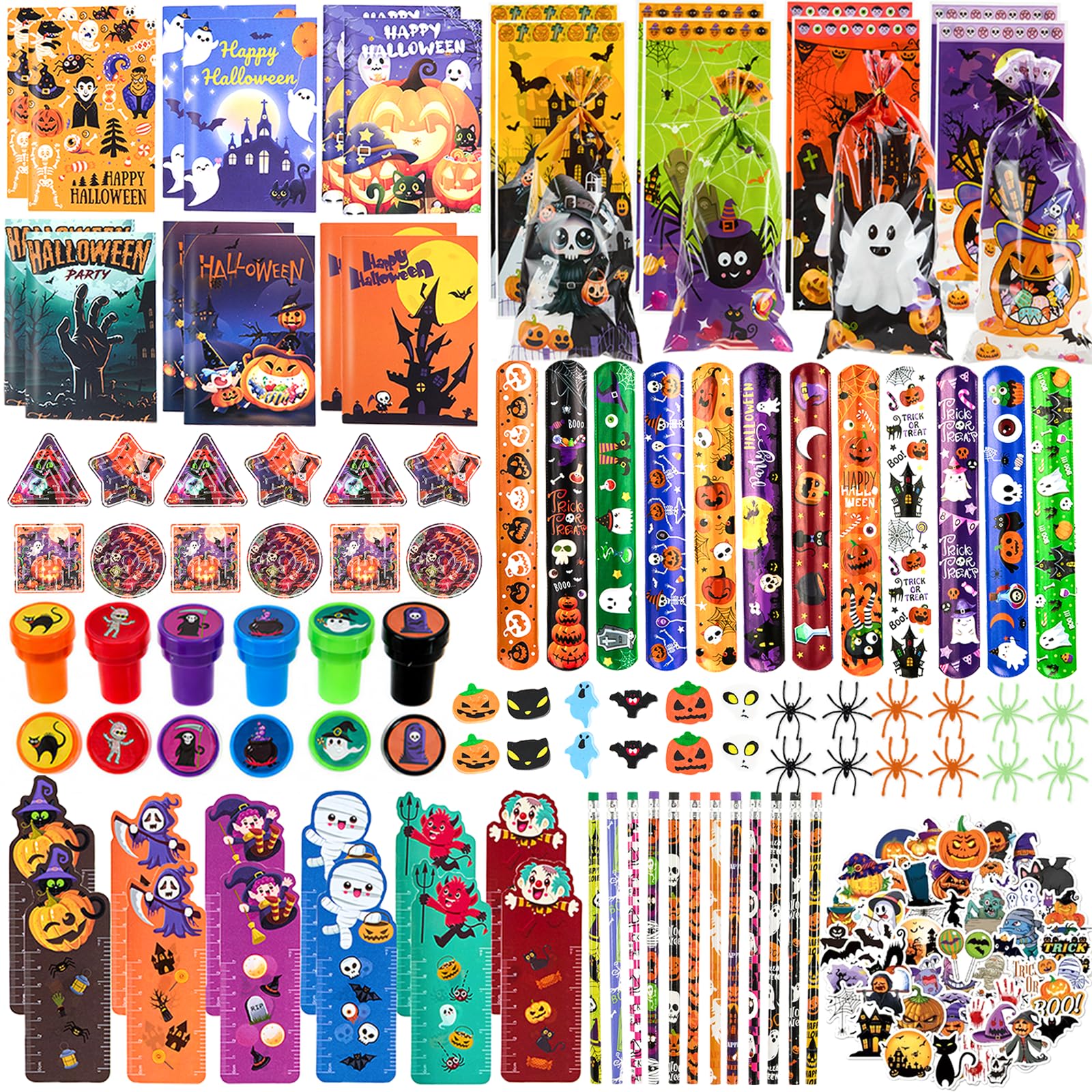 Defresit 158 pc Halloween Party Favors Set, 12 Pack Prefilled Goody Bags & Stationery Set with Halloween Themed Pencils, Rulers, Erasers, Notepads, Foam Stickers
