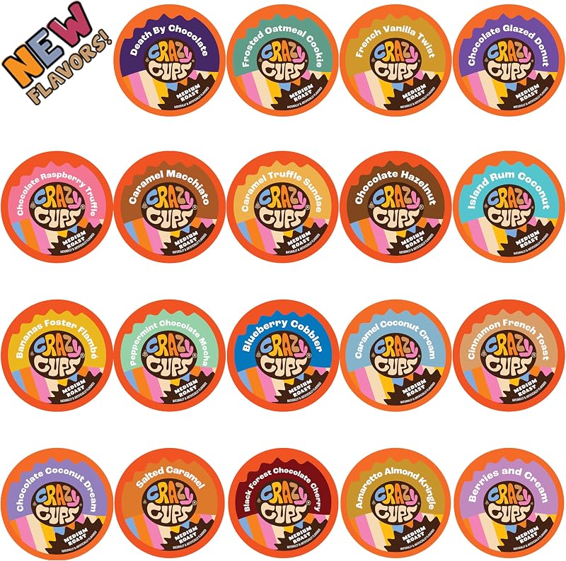 Café con sabor Crazy Cups en cápsulas de café de una sola porción, paquete variado de café con sabor para máquina de tazas Keurig K, 20 unidades