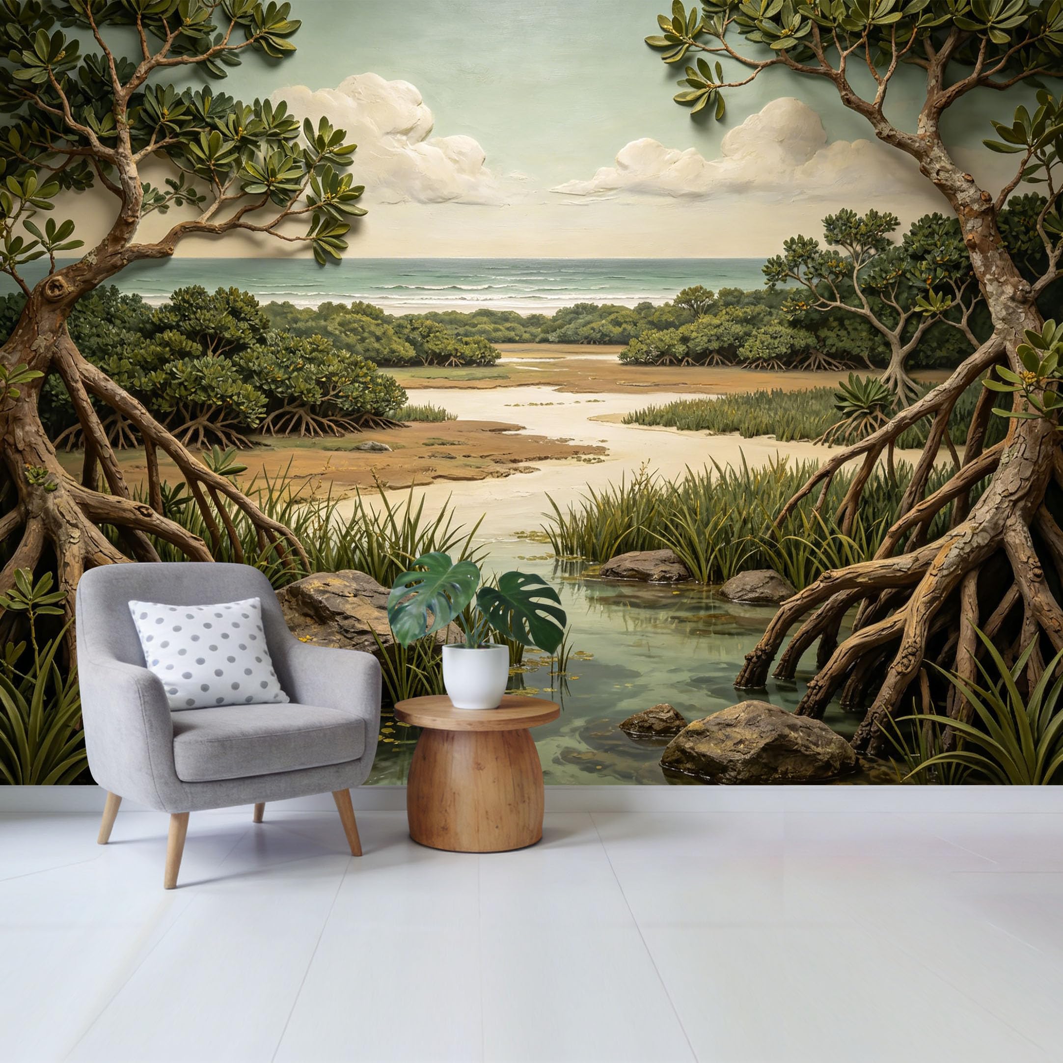 Qzlithotic Yq2605250956 Custom Size Wall Mural Coastal Mangrove Forest Landscape 3D Trompe L'oeil Oil Painting Selfadhesive Wall Fabric Removable Wallpaper For Home Office Decor