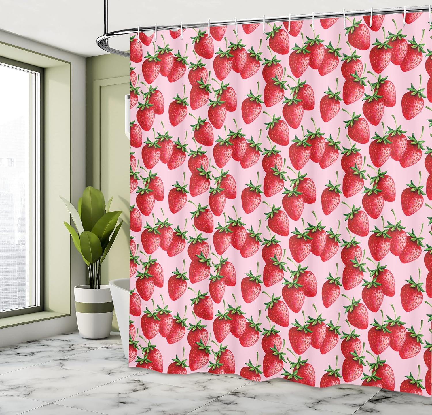 Ambesonne Fruit Shower Curtain, Delicious Big Strawberries on Pink Background Tasty Juicy Ripe Summer Fruits, Cloth Fabric Bathroom Decor Set with Hooks, 69" W x 70" L, Green Pink Red