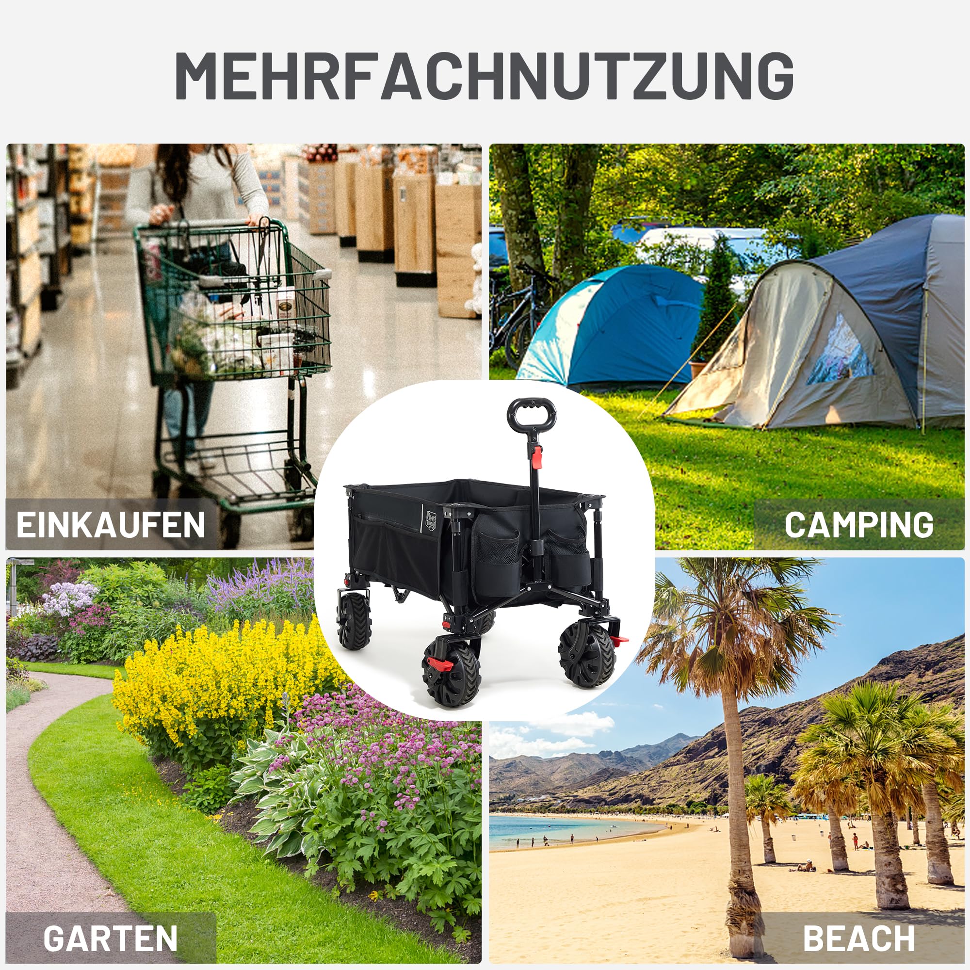 TIMBER RIDGE XXL Bollerwagen Faltbar 200L Breite Reifen Strandwagen Klappbar mit Bremsen Seitentasche Getränkehalter Verstellbarer Griff Handwagen 150kg Belastbar
